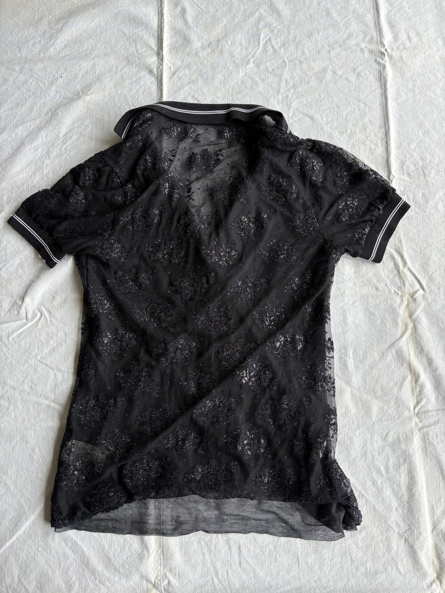 Vintage Iceberg black sheer polo shirt, Floral glitter blouse, Silver see through lace designer