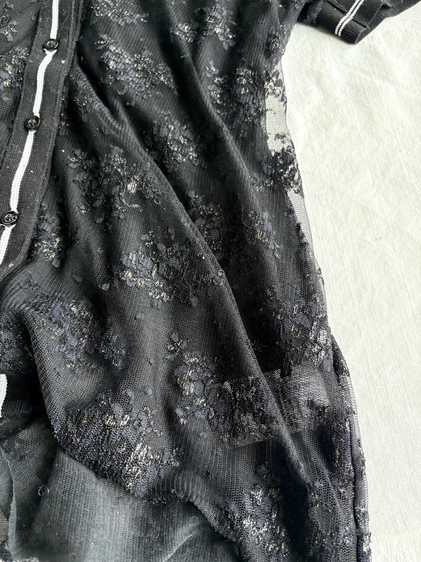 Vintage Iceberg black sheer polo shirt, Floral glitter blouse, Silver see through lace designer