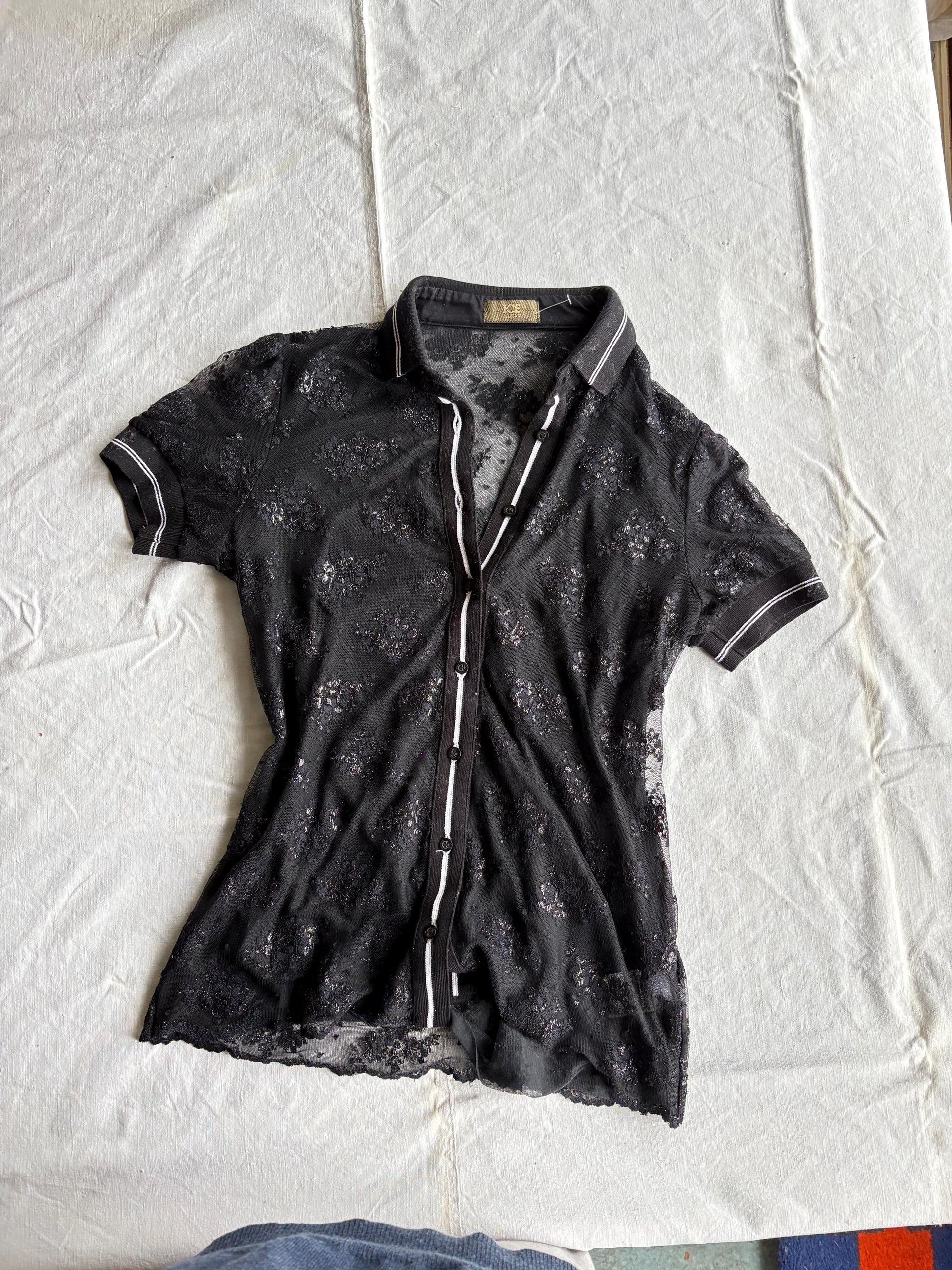 Vintage Iceberg black sheer polo shirt, Floral glitter blouse, Silver see through lace designer