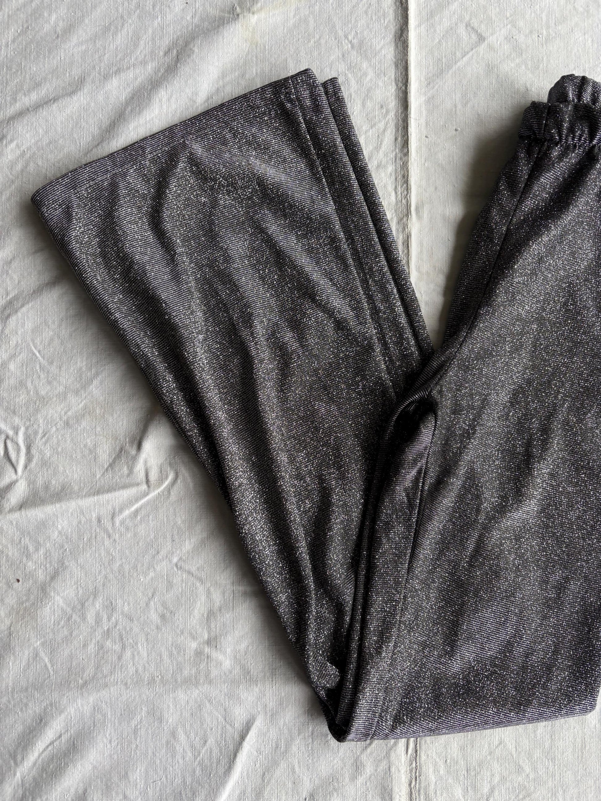 High Waist Silver Glitter Flared Pants — fabric close-up