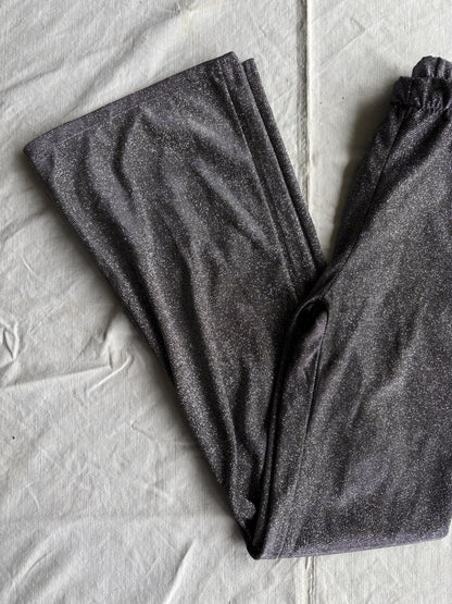 High Waist Silver Glitter Flared Pants — fabric close-up