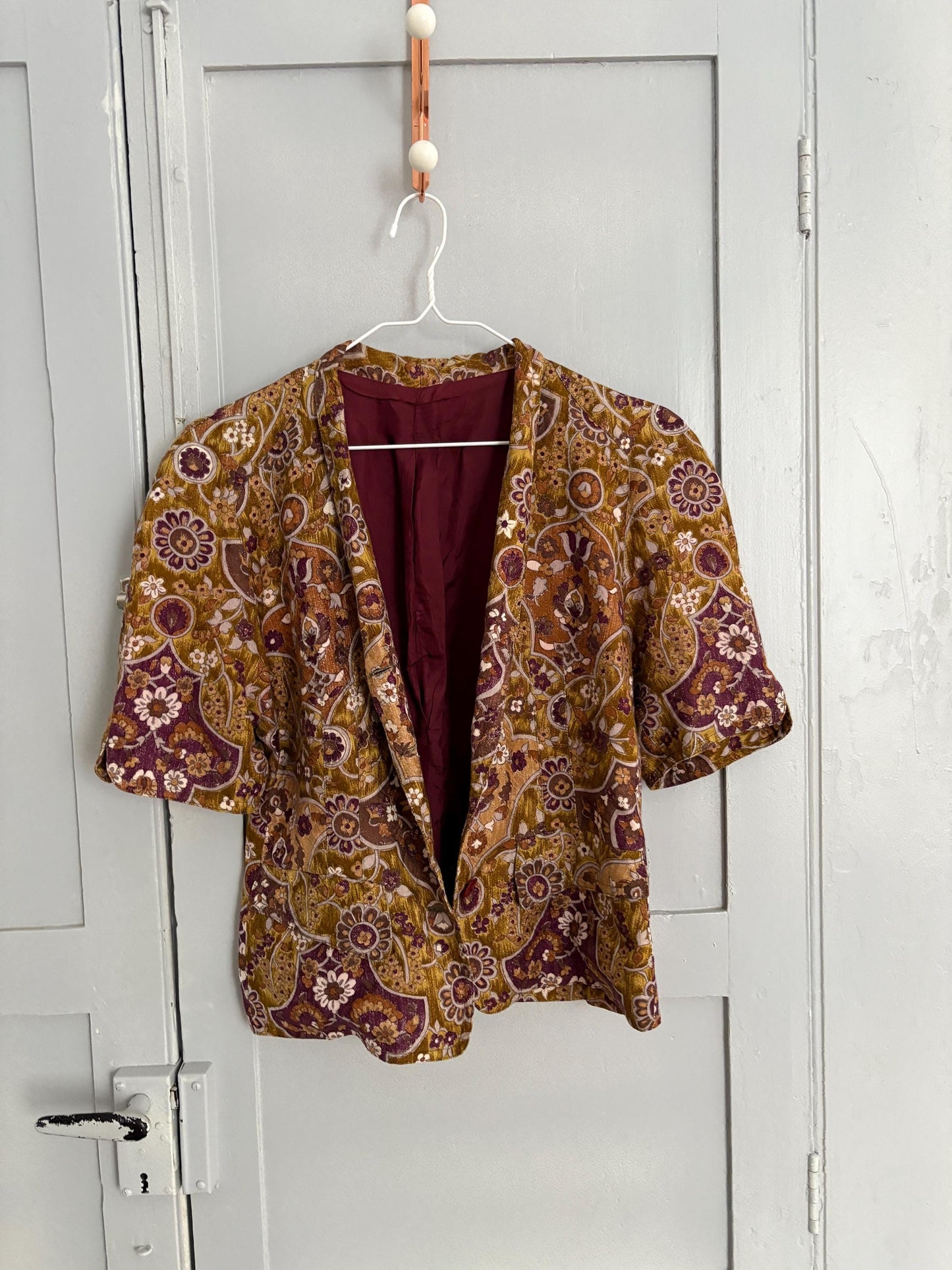 Vintage unique handmade jacket with flower print and short sleeves, Deep v neckline blouse, Retro 60s woman top, Deadstock original vintage