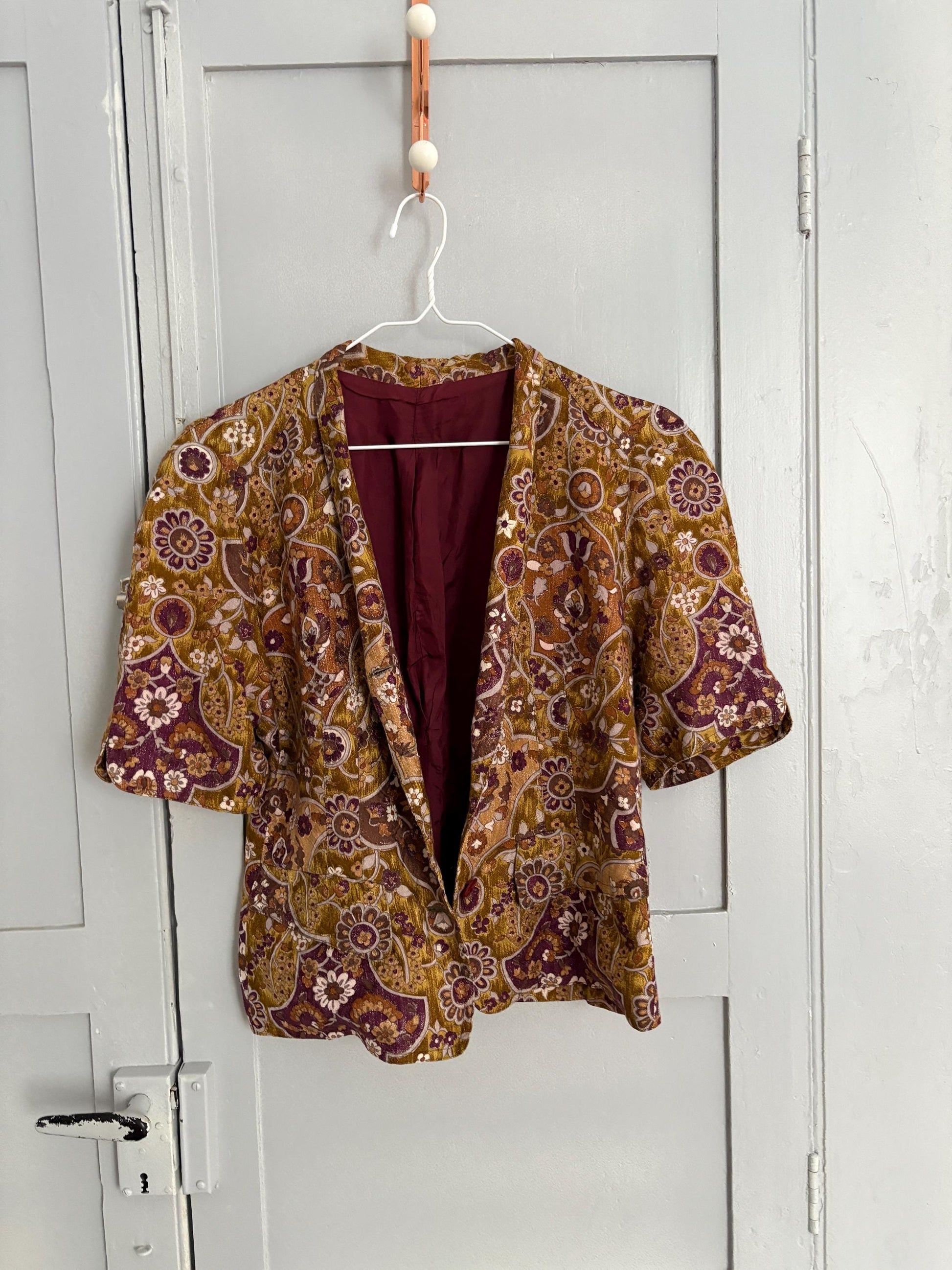 Vintage unique handmade jacket with flower print and short sleeves, Deep v neckline blouse, Retro 60s woman top, Deadstock original vintage