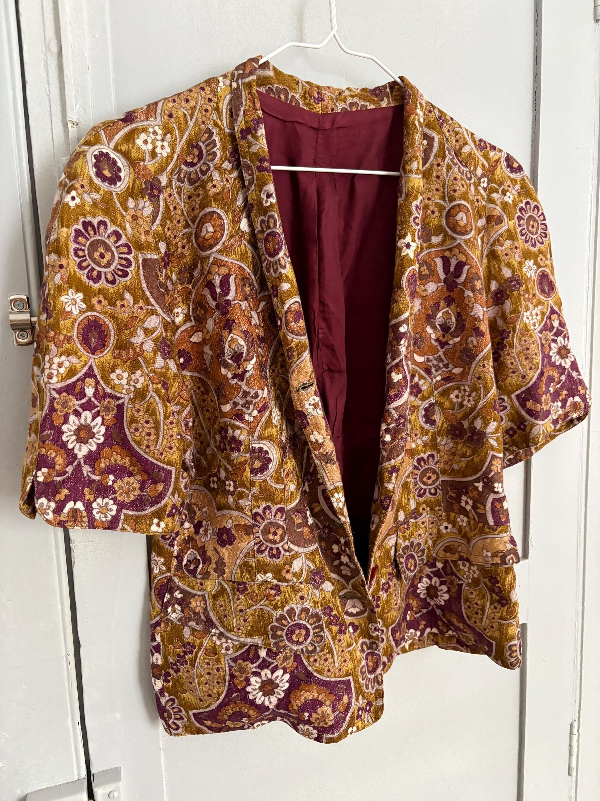 Vintage unique handmade jacket with flower print and short sleeves, Deep v neckline blouse, Retro 60s woman top, Deadstock original vintage