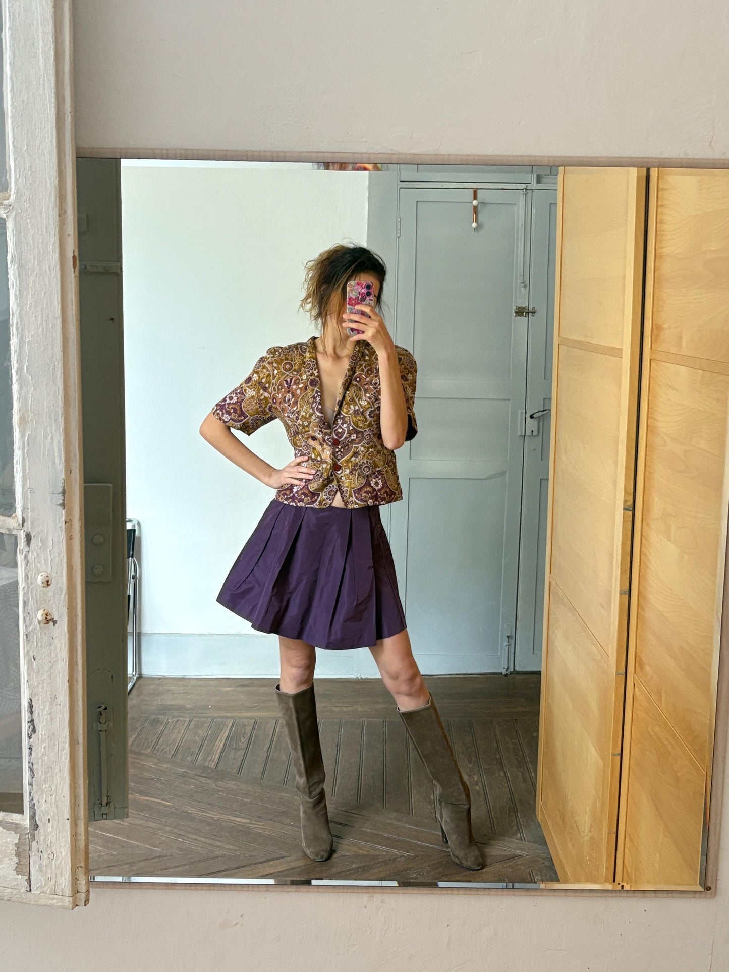 Vintage unique handmade jacket with flower print and short sleeves, Deep v neckline blouse, Retro 60s woman top, Deadstock original vintage