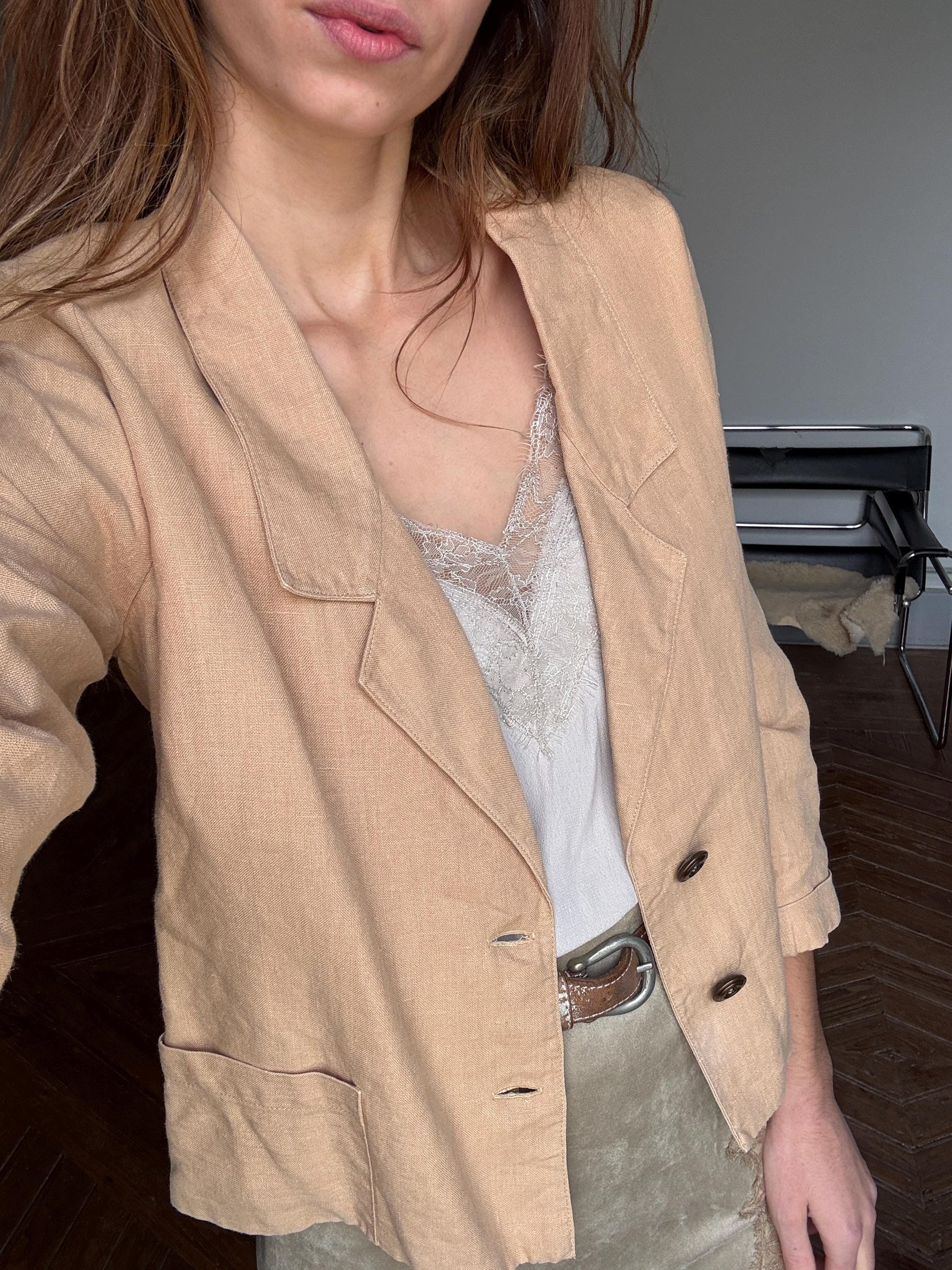 Vintage Tan Cropped Blazer | Earthy Linen Look | Chill Girl Summer Layer