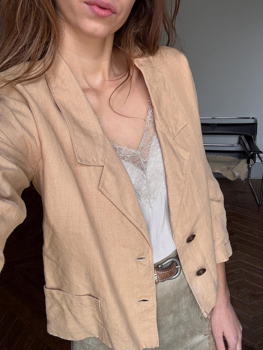 Vintage Tan Cropped Blazer | Earthy Linen Look | Chill Girl Summer Layer