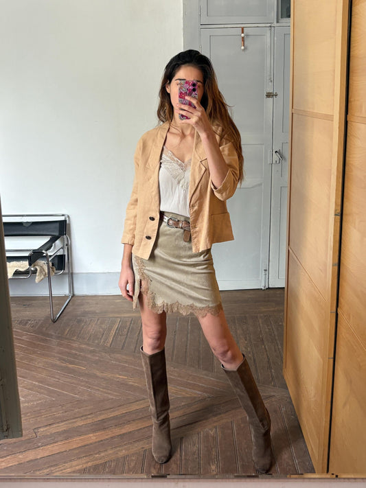 Vintage Tan Cropped Blazer | Earthy Linen Look | Chill Girl Summer Layer