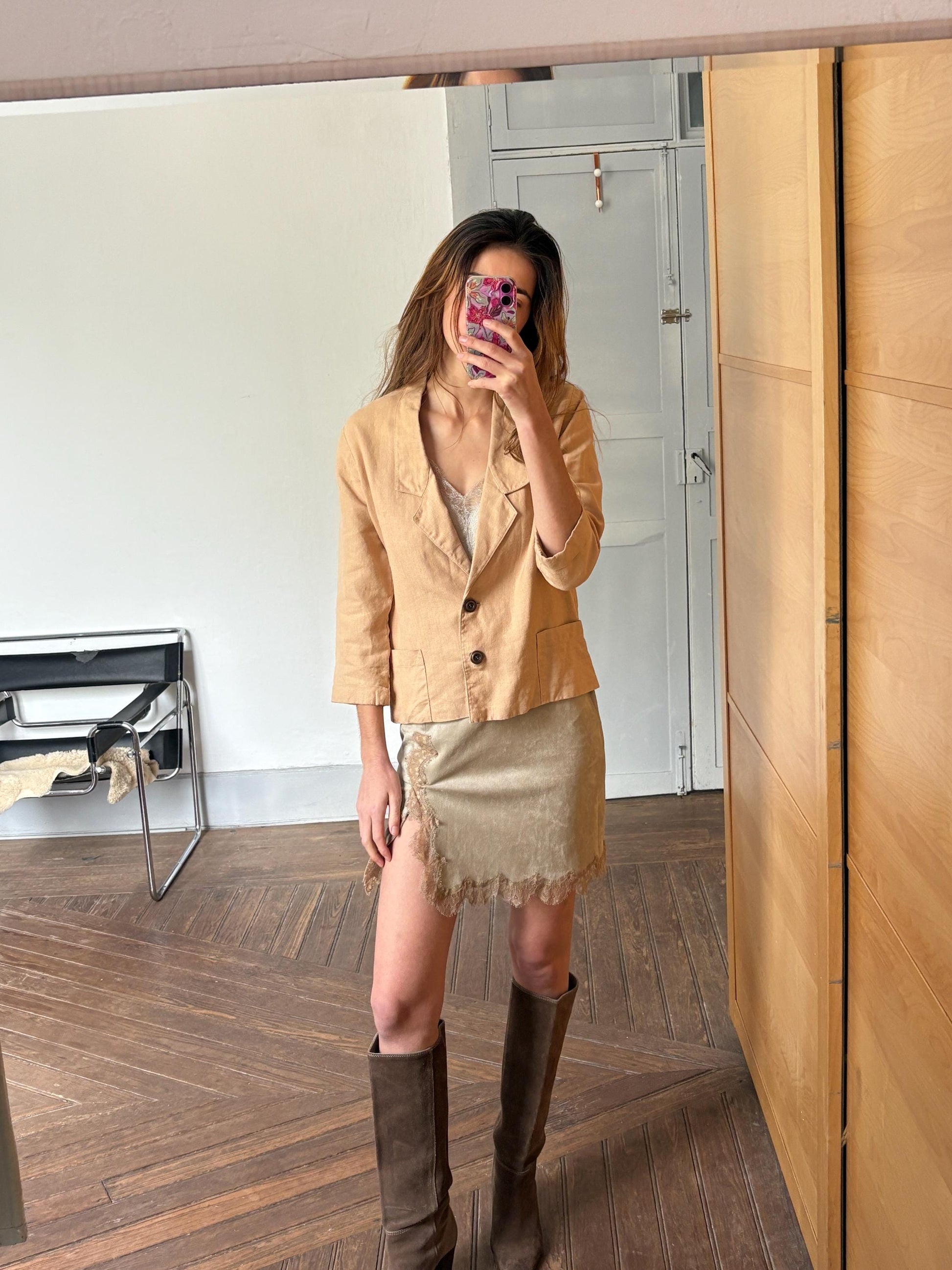 Vintage Tan Cropped Blazer | Earthy Linen Look | Chill Girl Summer Layer