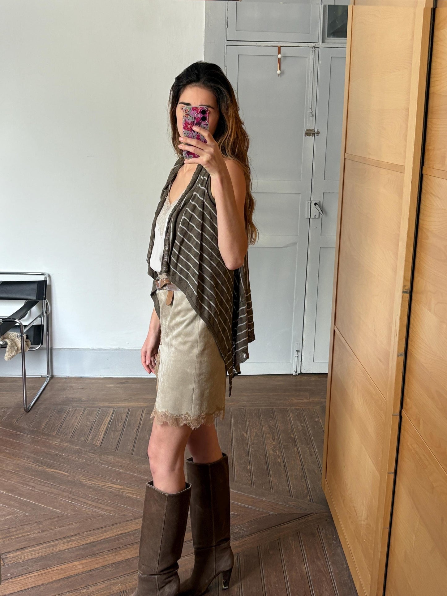 Vintage striped bolero, Elegant Women gilet, Sleeveless vest, formal waistcoat, Designer wear, Genfins moss green and white earthy cardigan