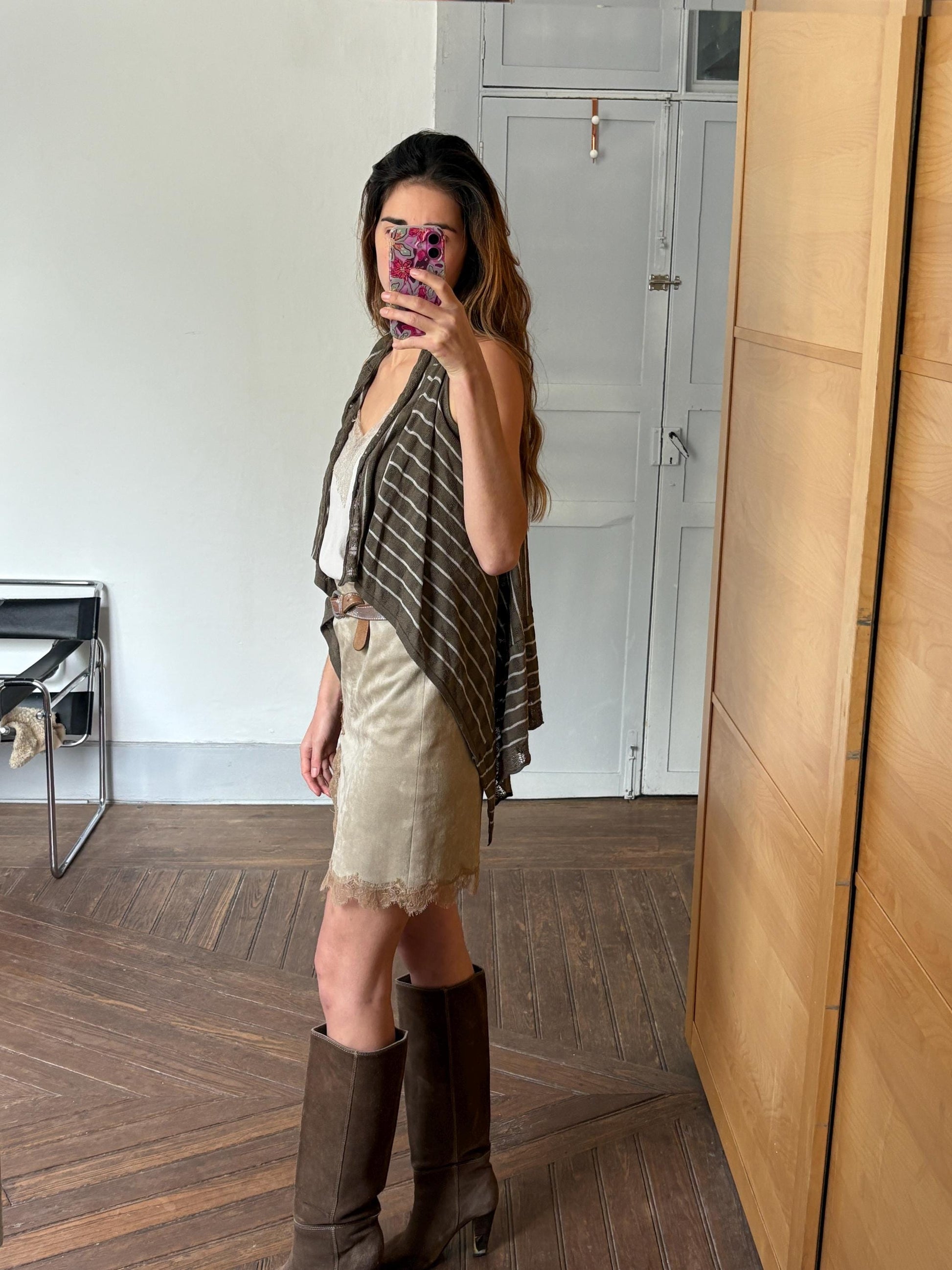 Vintage striped bolero, Elegant Women gilet, Sleeveless vest, formal waistcoat, Designer wear, Genfins moss green and white earthy cardigan