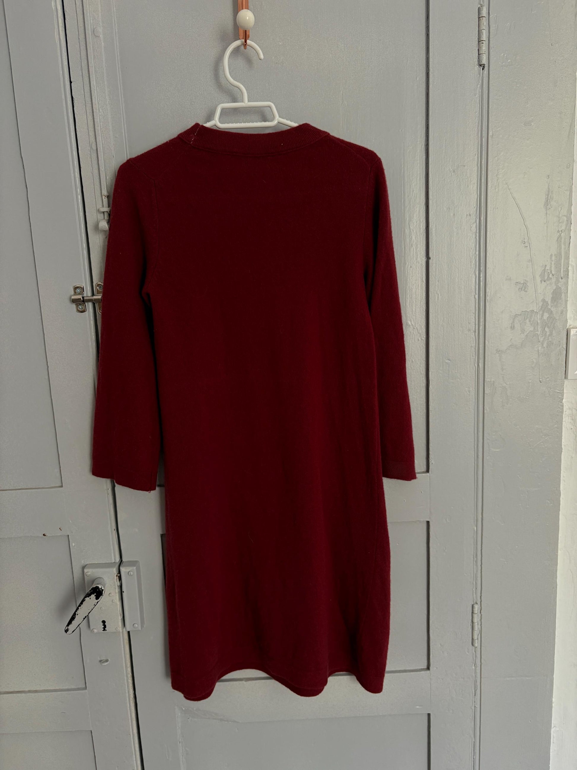 Vintage burgundy red merino wool mini dress, Cozy winter half sleeve simple dress, Virgin wool cute woman dress, Ethical minimalist wardrobe