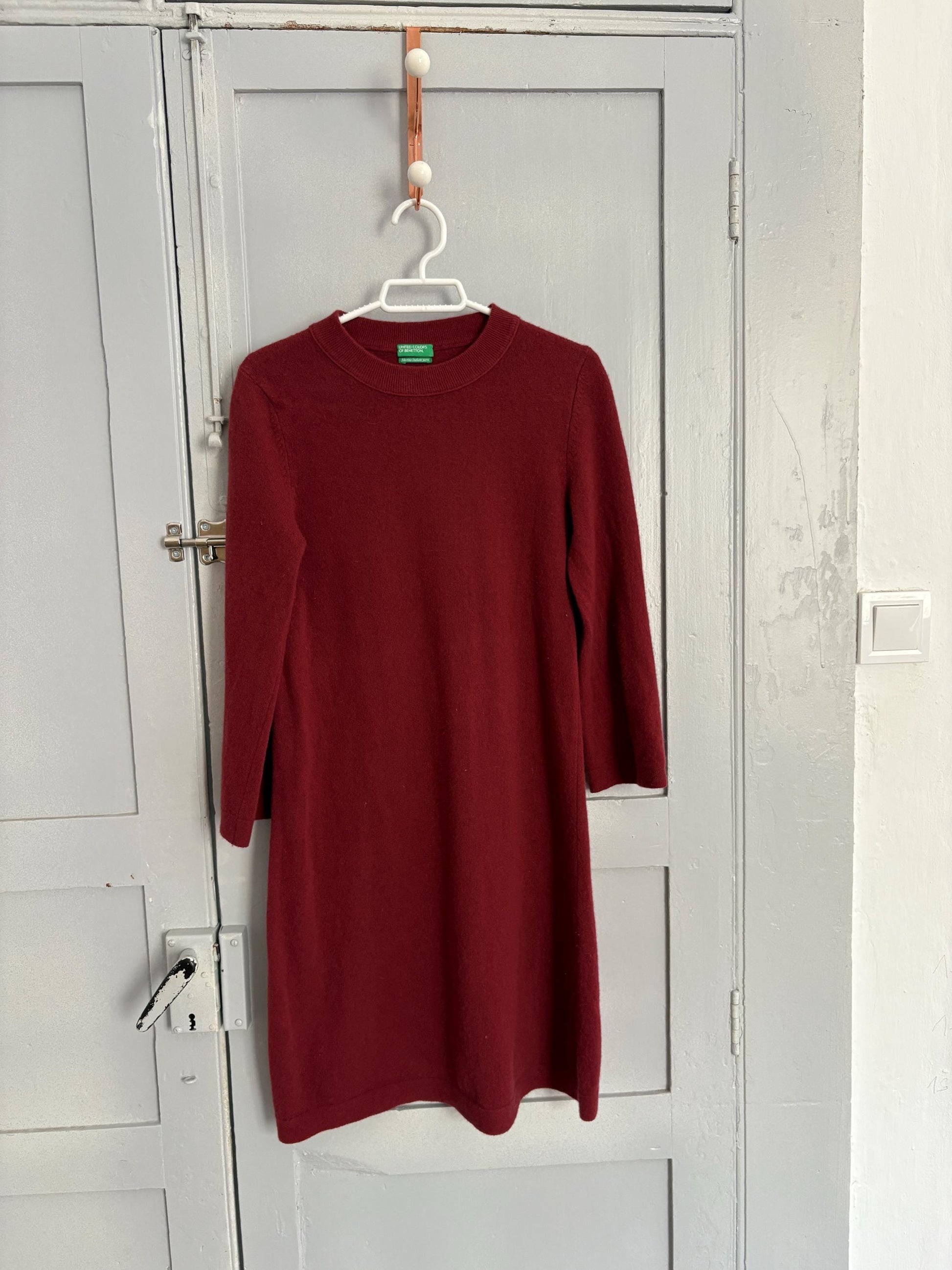 Vintage burgundy red merino wool mini dress, Cozy winter half sleeve simple dress, Virgin wool cute woman dress, Ethical minimalist wardrobe