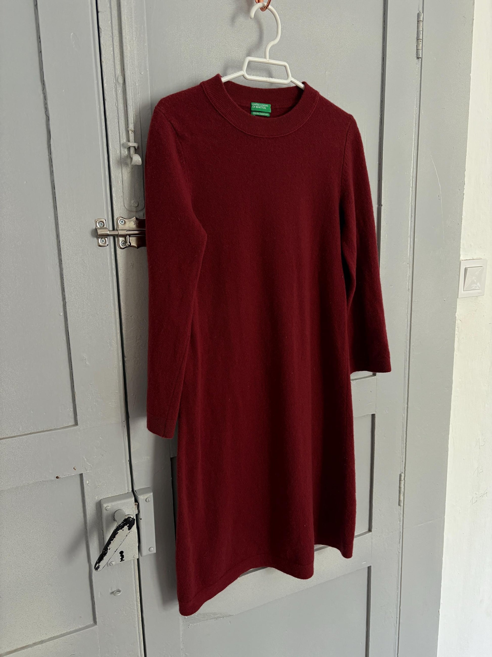 Vintage burgundy red merino wool mini dress, Cozy winter half sleeve simple dress, Virgin wool cute woman dress, Ethical minimalist wardrobe