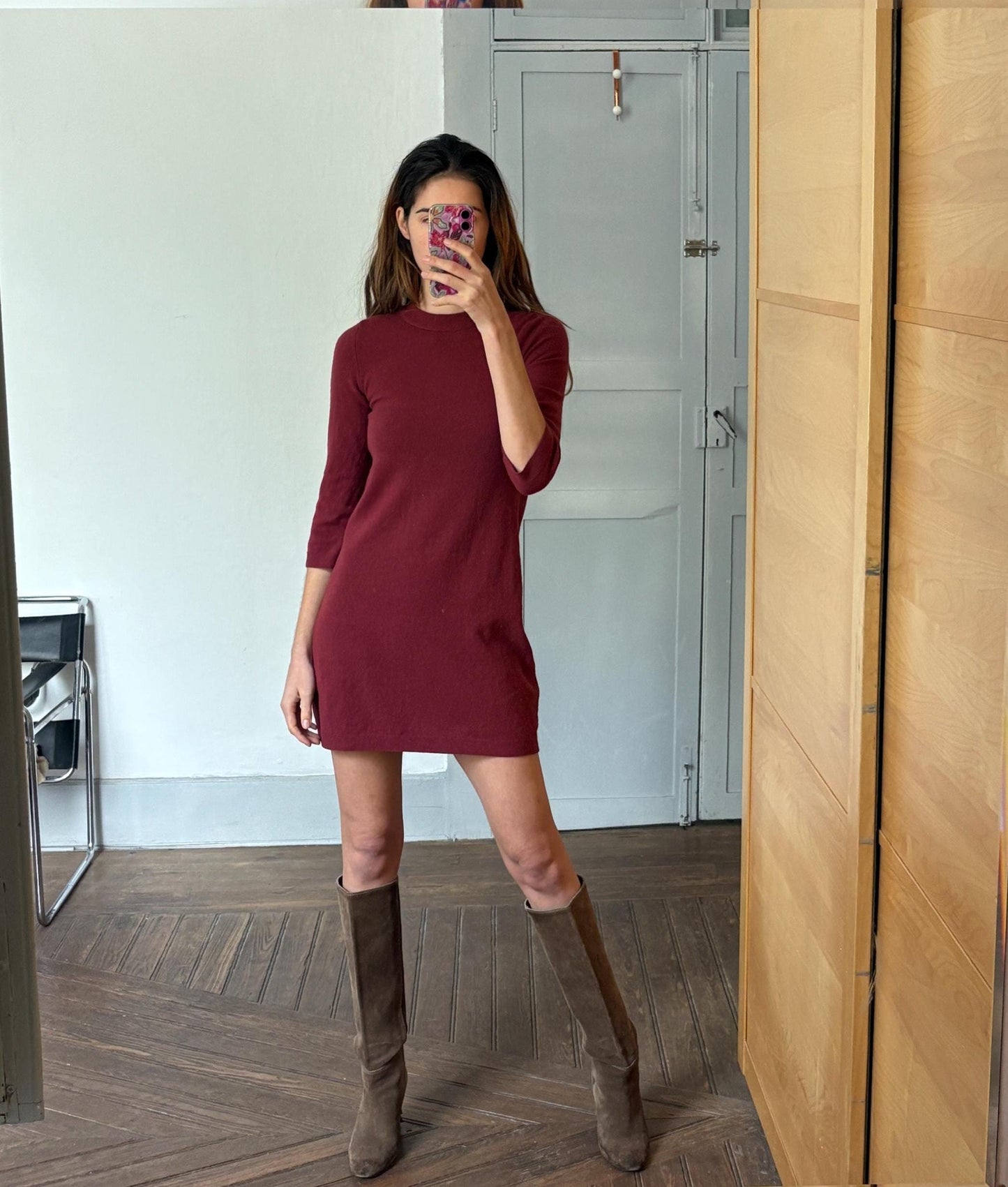 Burgundy red merino wool simple mini dress with half long sleeves.