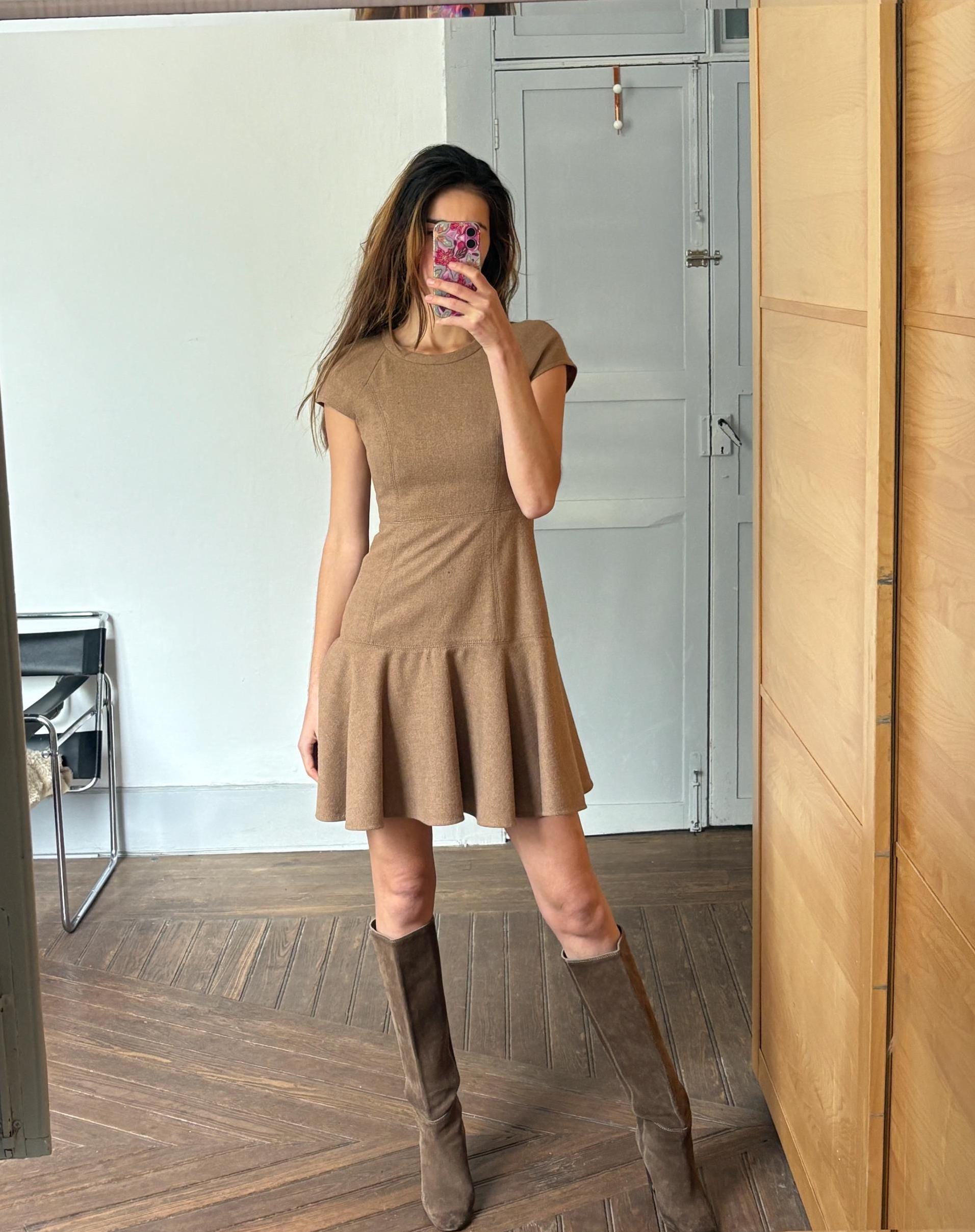 Vintage Adolfo Dominguez Fit & Flare Wool Dress | Soft Brown Mini Dress | Academia Fall Aesthetic