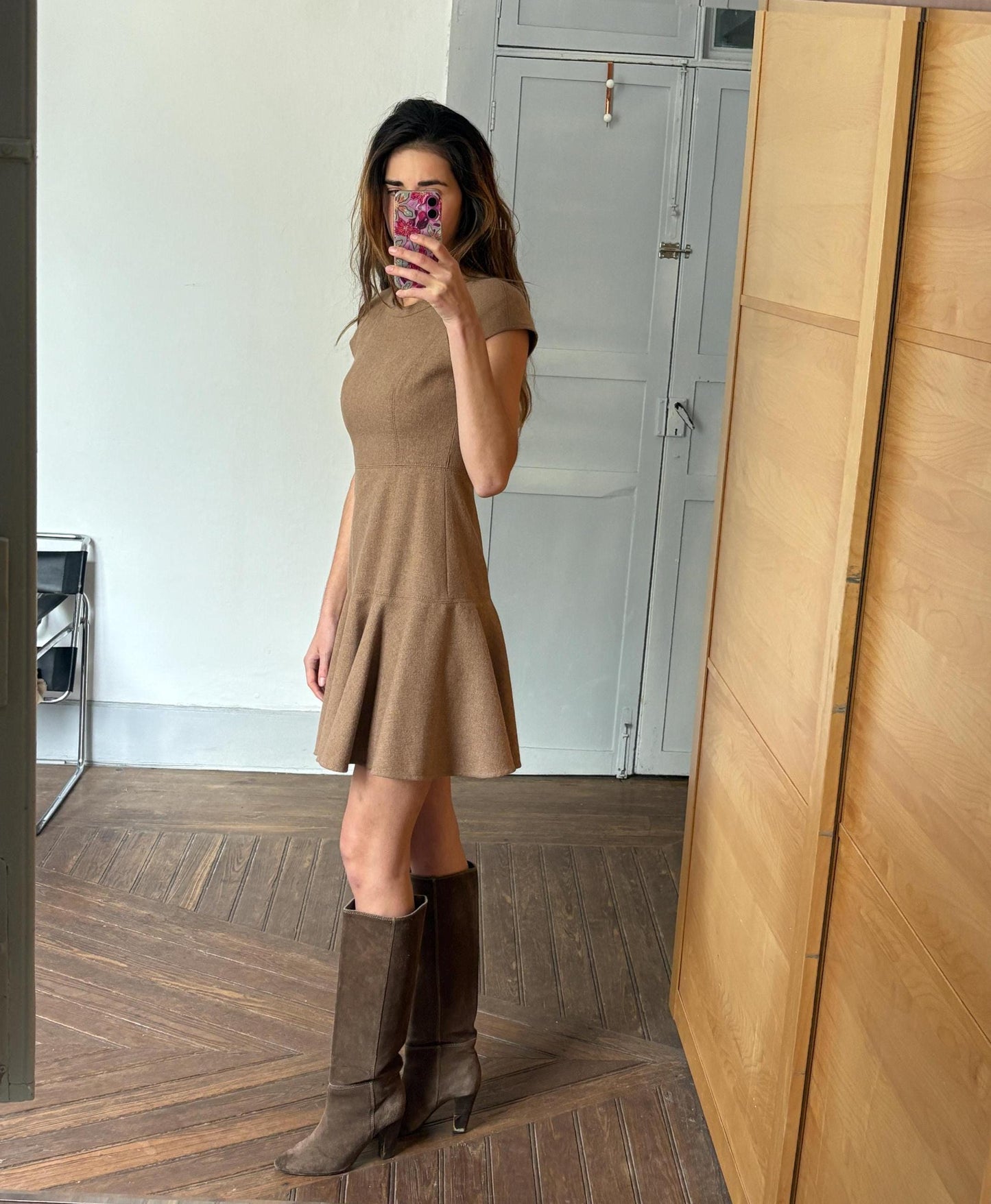 Vintage Adolfo Dominguez Fit & Flare Wool Dress | Soft Brown Mini Dress | Academia Fall Aesthetic