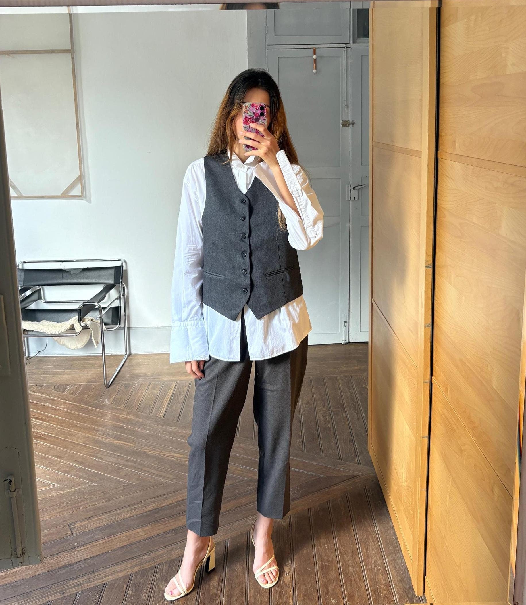 Vintage grey button down gilet, Dark academia style grey classic fit waistcoat, Formal clothing, Cute school girl uniform, K-pop aesthetic