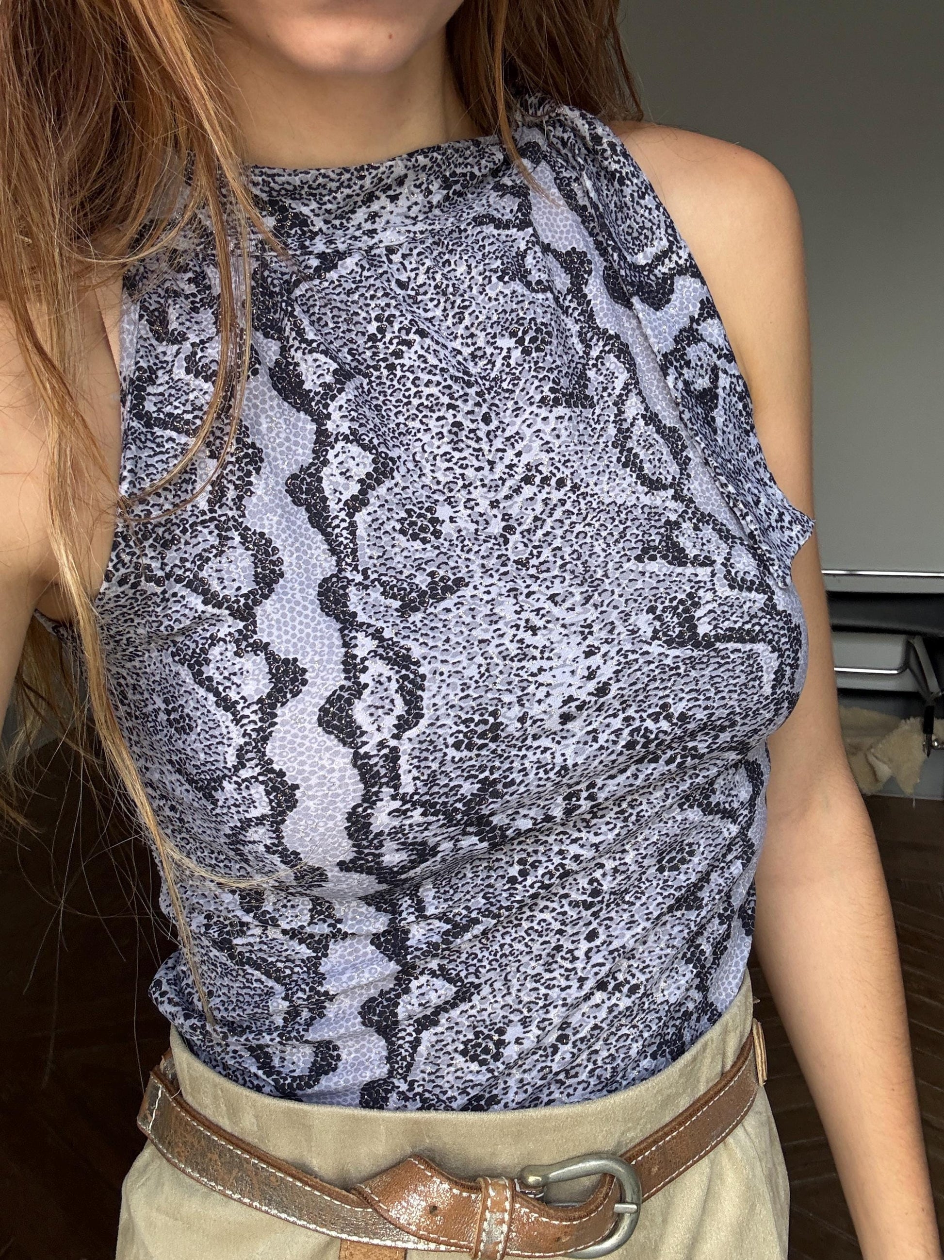 Y2K Snake Print Glitter Tank | Vintage Mesh Camisole Top