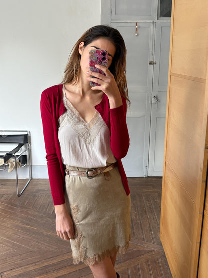 Vintage Red Silk Wool Cardigan — fabric close-up