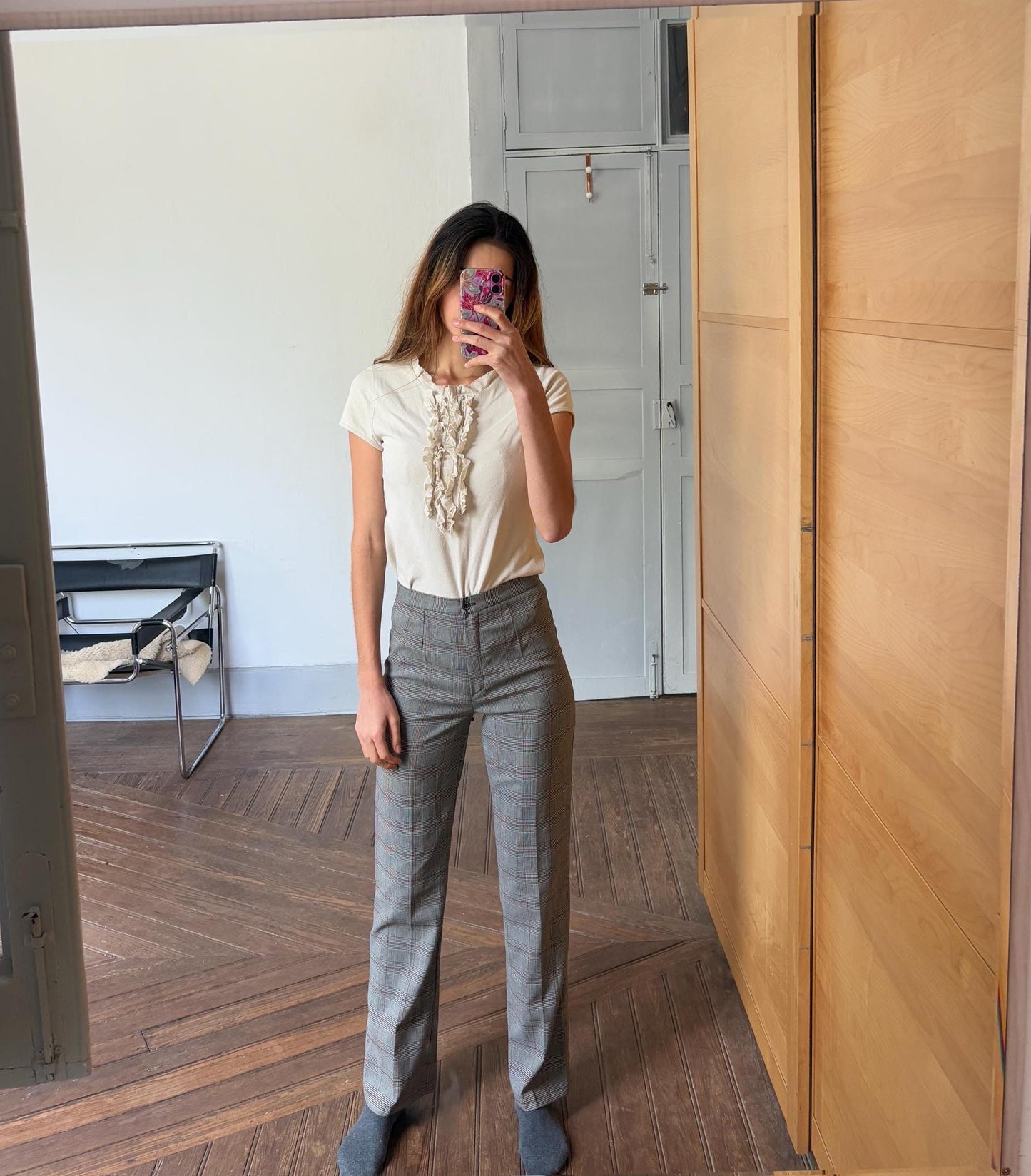 Vintage plaid wool trousers – size S, made in Italy, high-waisted academia pants with grey red check print