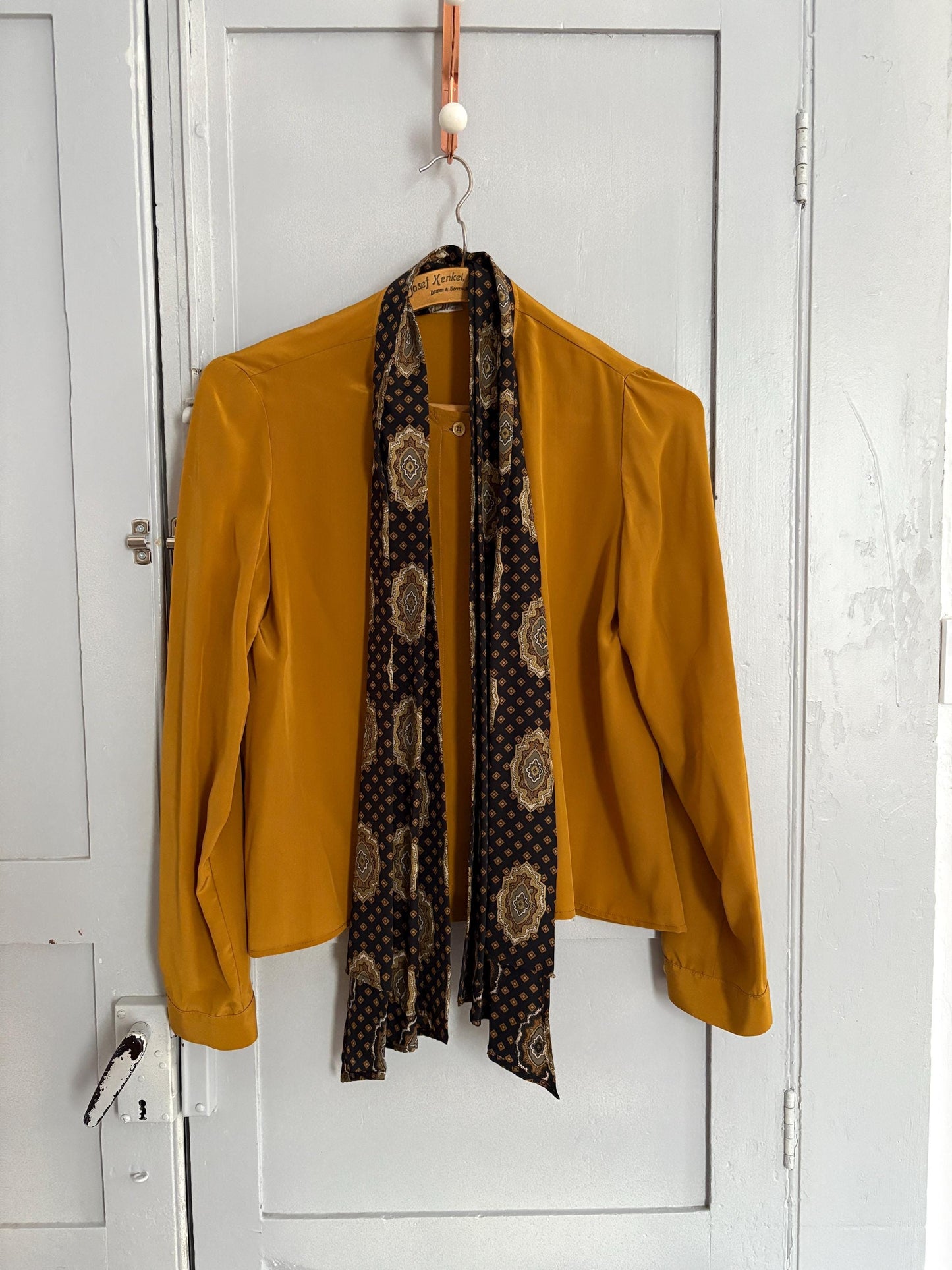 Vintage Mustard Silk Pussybow Blouse | 100% Silk Statement Tie Top | Fits EU36 / UK8 / US6