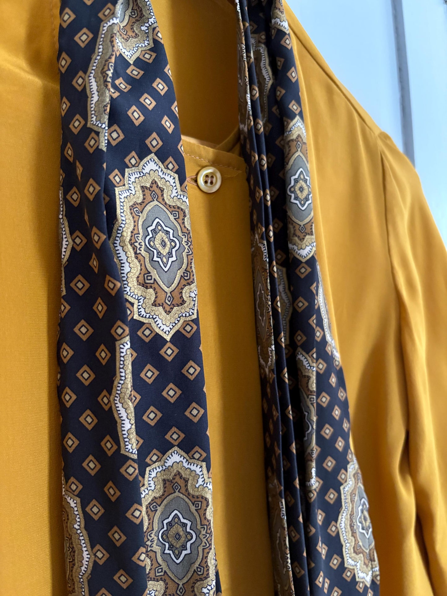 Vintage Mustard Silk Pussybow Blouse | 100% Silk Statement Tie Top | Fits EU36 / UK8 / US6