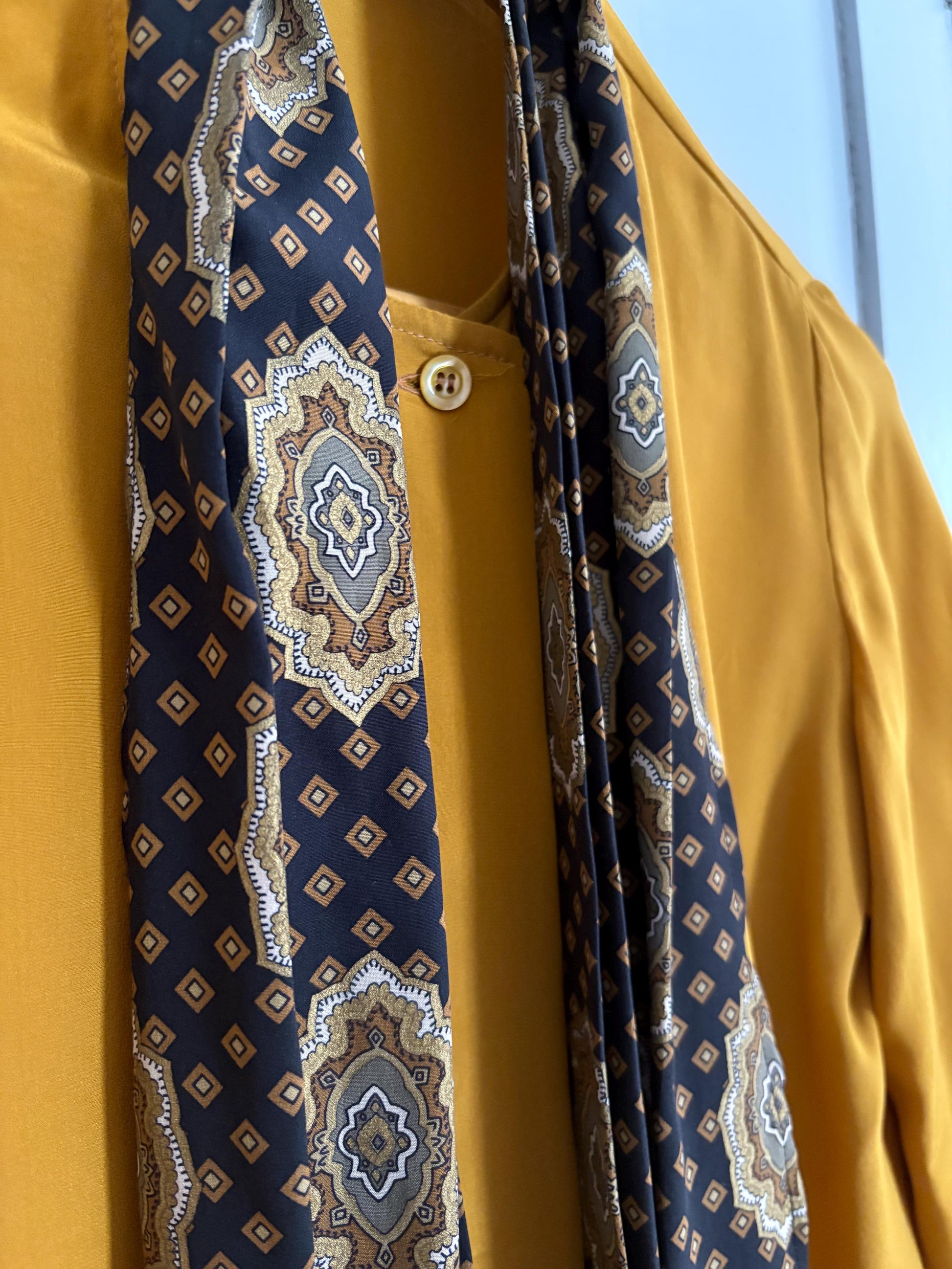 Vintage Mustard Silk Pussybow Blouse | 100% Silk Statement Tie Top | Fits EU36 / UK8 / US6