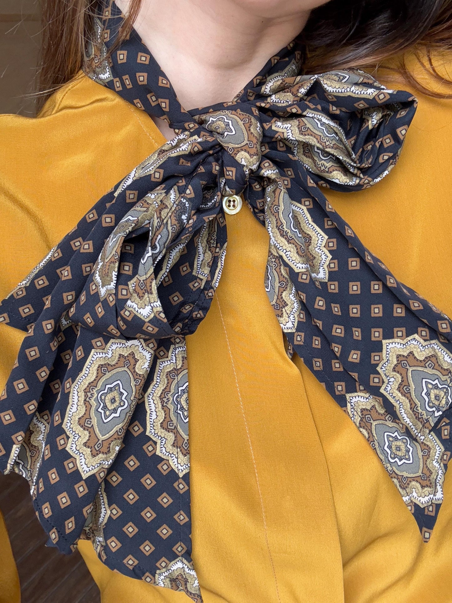 Vintage Mustard Silk Pussybow Blouse | 100% Silk Statement Tie Top | Fits EU36 / UK8 / US6