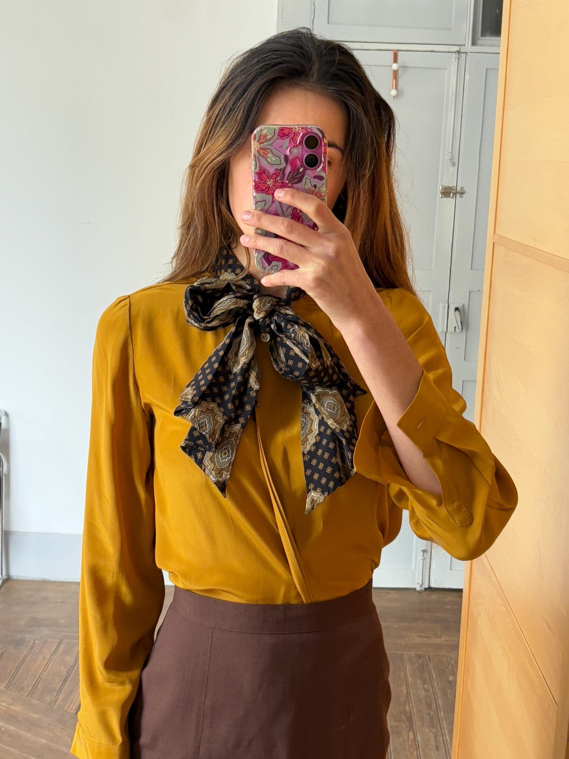 Vintage Mustard Silk Pussybow Blouse | 100% Silk Statement Tie Top | Fits EU36 / UK8 / US6
