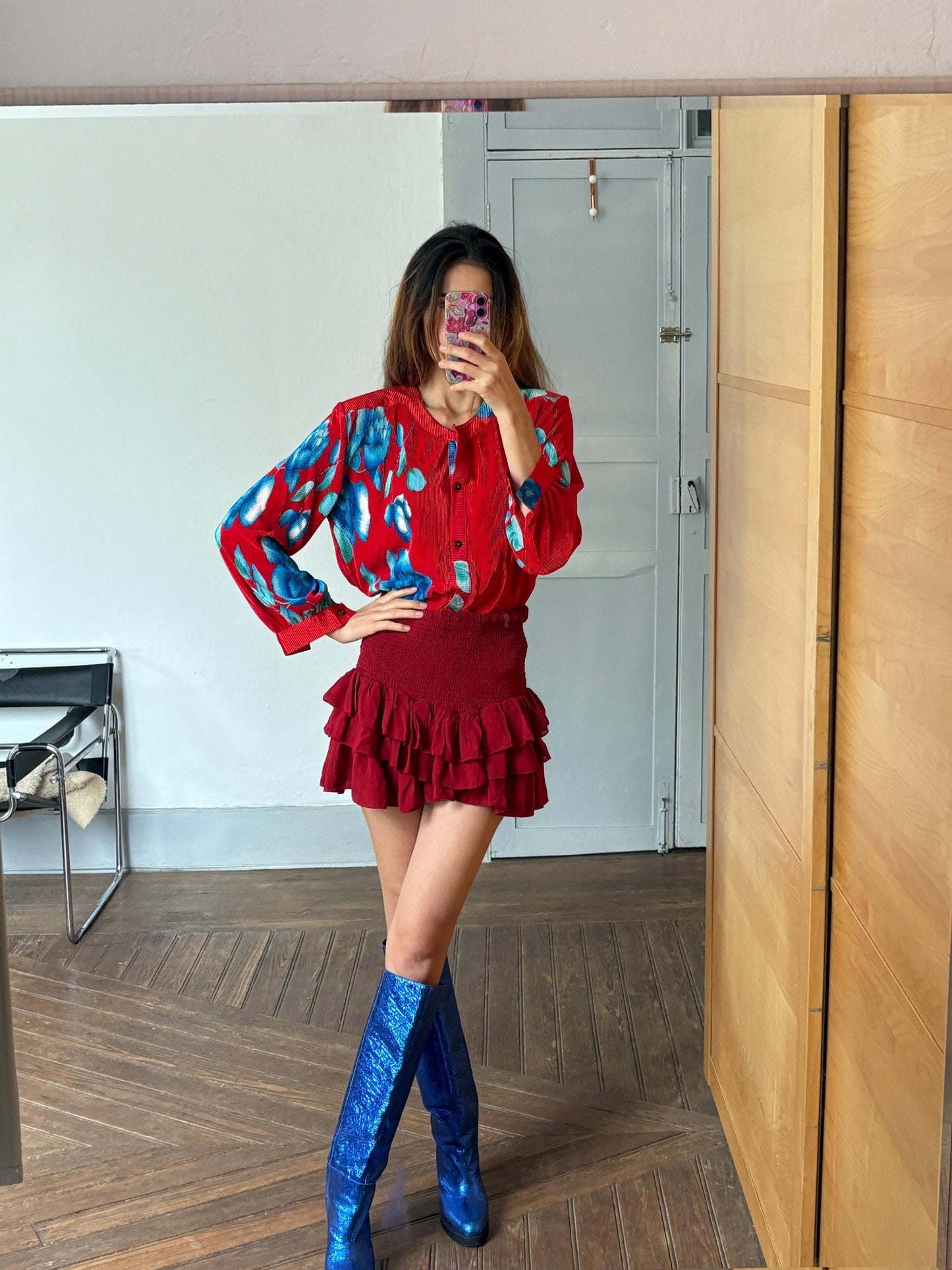 Vintage bright red and blue floral blouse, RETRO button up shirt, Tropical woman tee, Colourful camisole,Holiday Knot tie button up shirt,