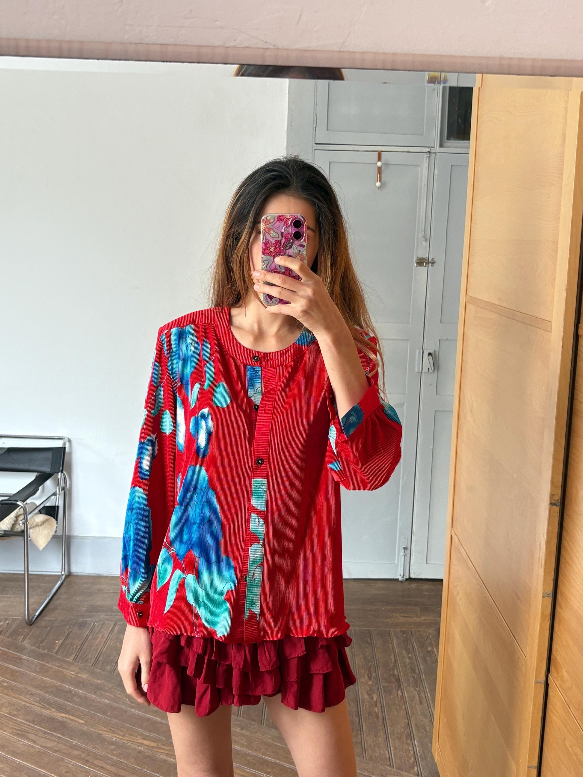 Vintage Bold Floral Blouse – Red & Blue Statement Shirt