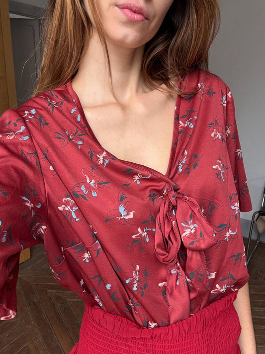 Vintage Floral Tie-Front Blouse | Oversized Handmade Unisex Top | Deep Red Satin Look | Fits Up to EU 44 / US 12 / UK 16
