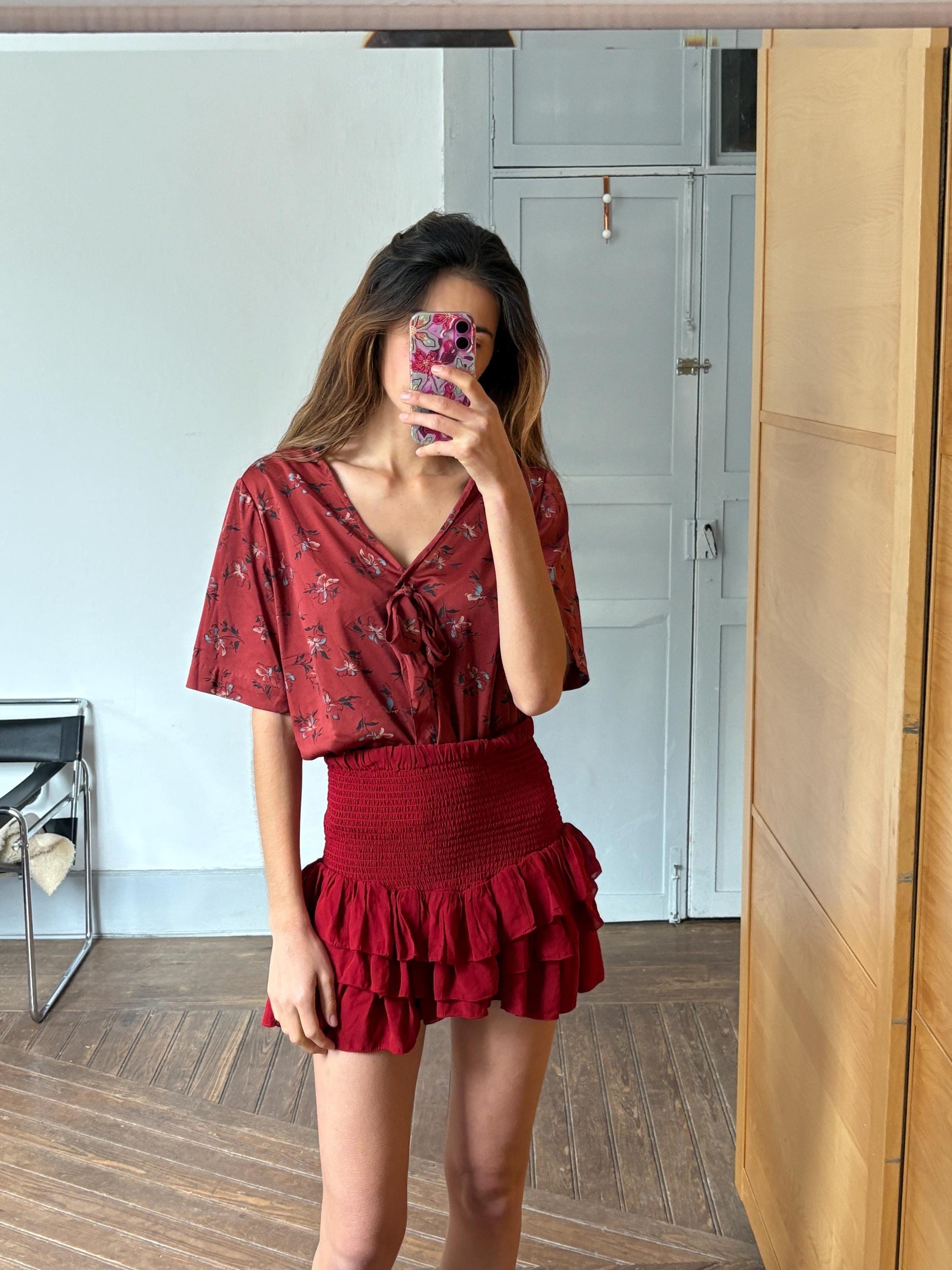Vintage unique red frill blouse, HANDMADE Retro 60s woman top, groovy bow tie shirt, Dead stock original vintage, L