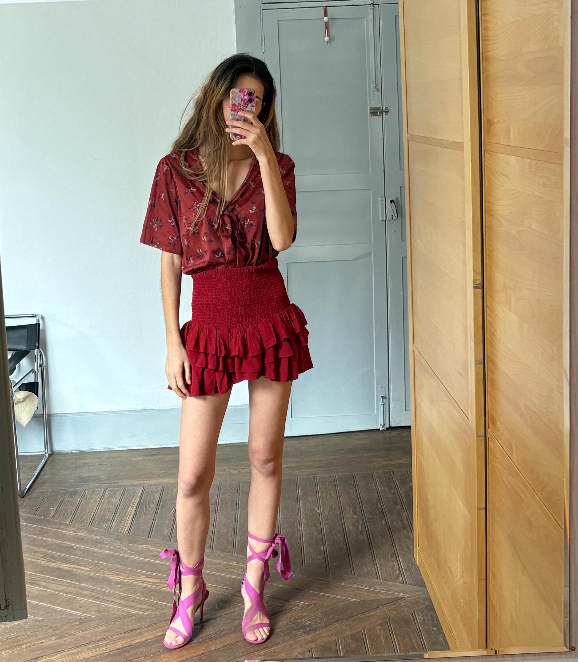 Vintage unique red frill blouse, HANDMADE Retro 60s woman top, groovy bow tie shirt, Dead stock original vintage, L