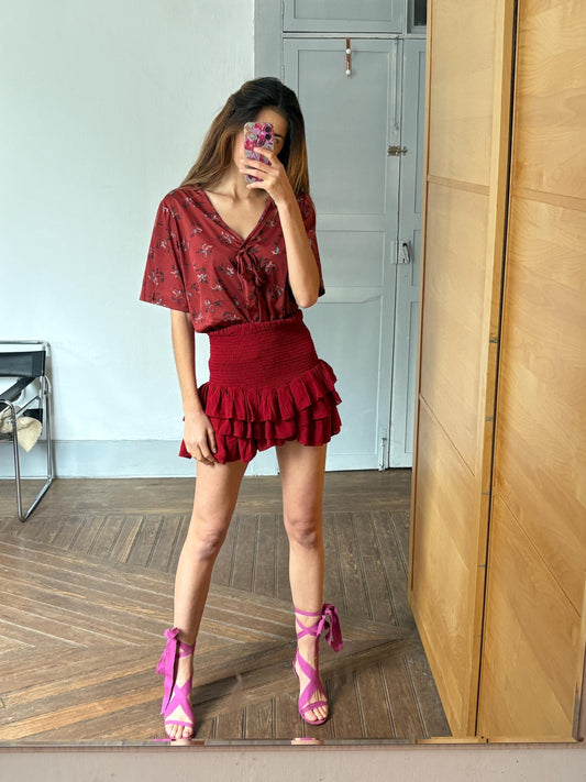 Vintage Floral Tie-Front Blouse | Oversized Handmade Unisex Top | Deep Red Satin Look | Fits Up to EU 44 / US 12 / UK 16