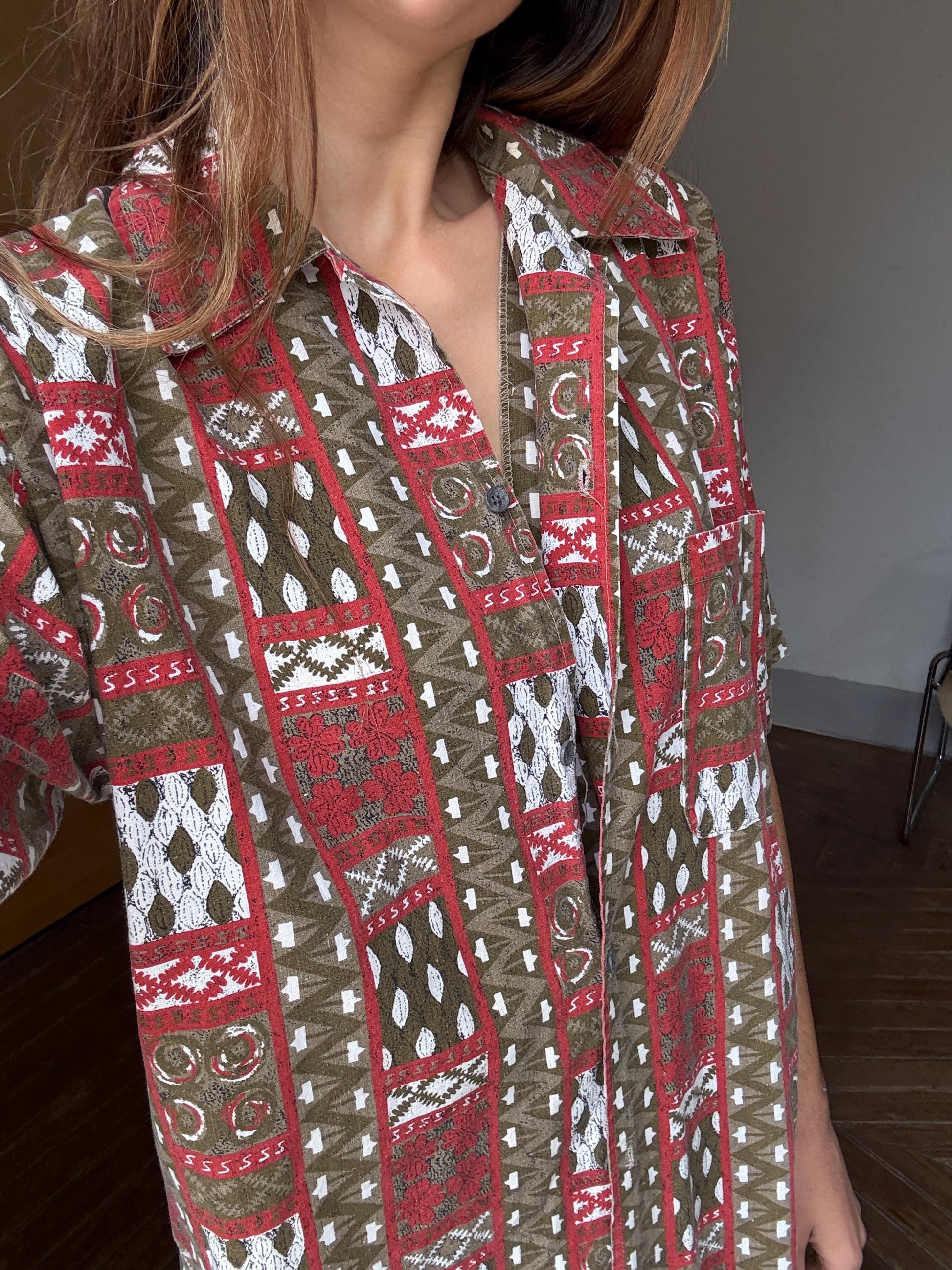 Vintage groovy button up shirt, Retro oversized 70s blouse, Red and white colourful patterned top, Cute long sleeve summer shirt