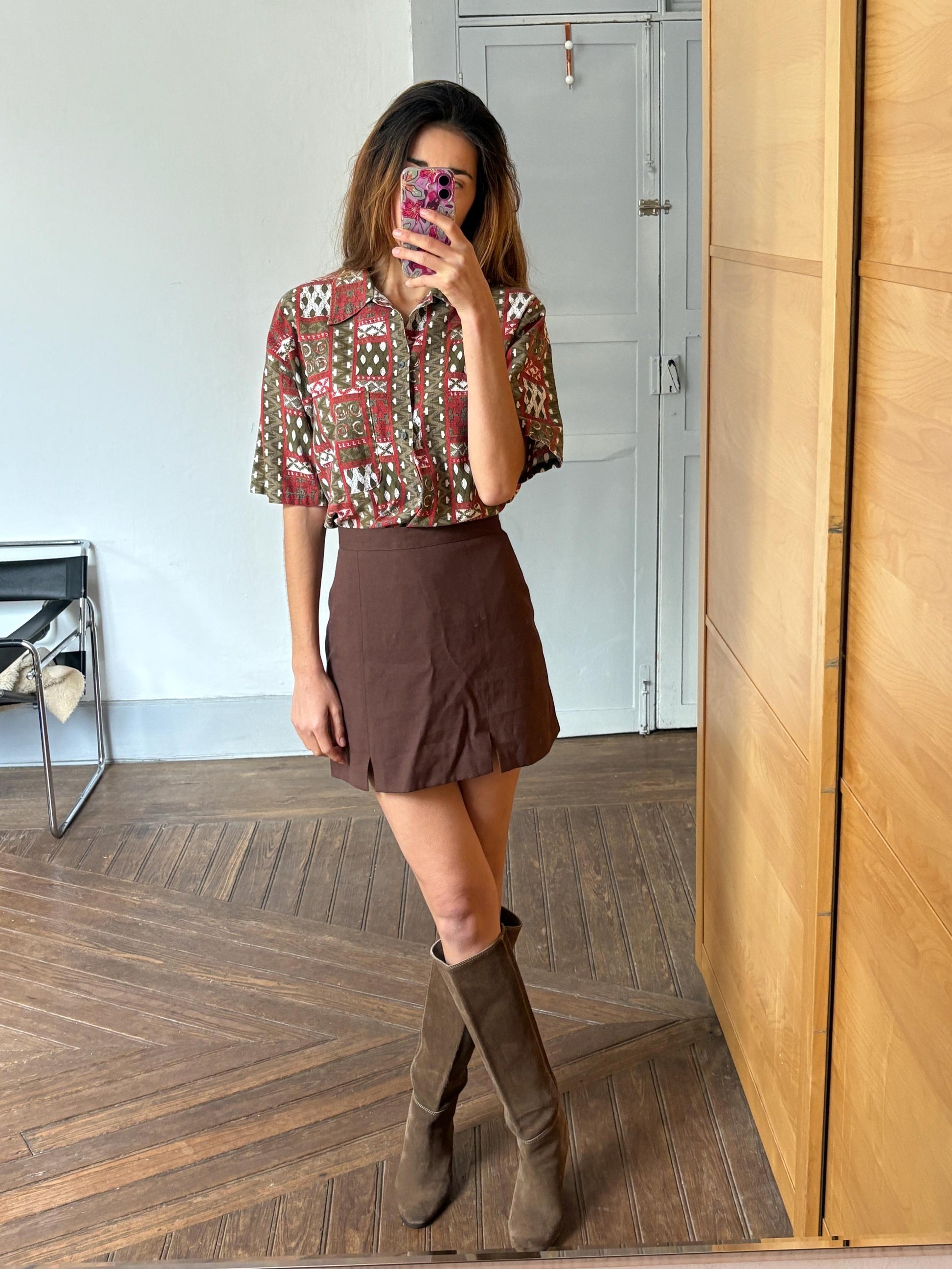 Vintage groovy button up shirt, Retro oversized 70s blouse, Red and white colourful patterned top, Cute long sleeve summer shirt