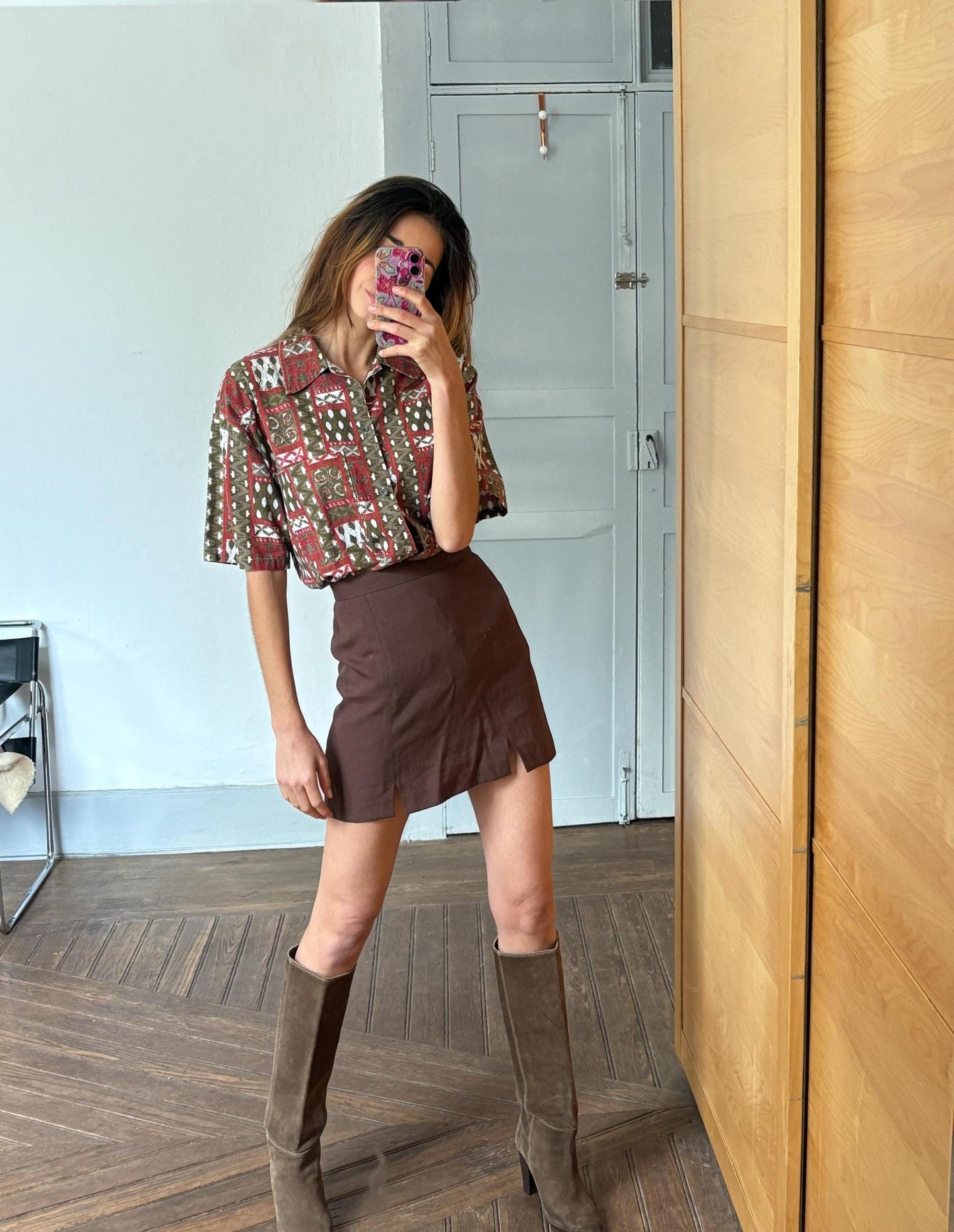 Vintage groovy button up shirt, Retro oversized 70s blouse, Red and white colourful patterned top, Cute long sleeve summer shirt