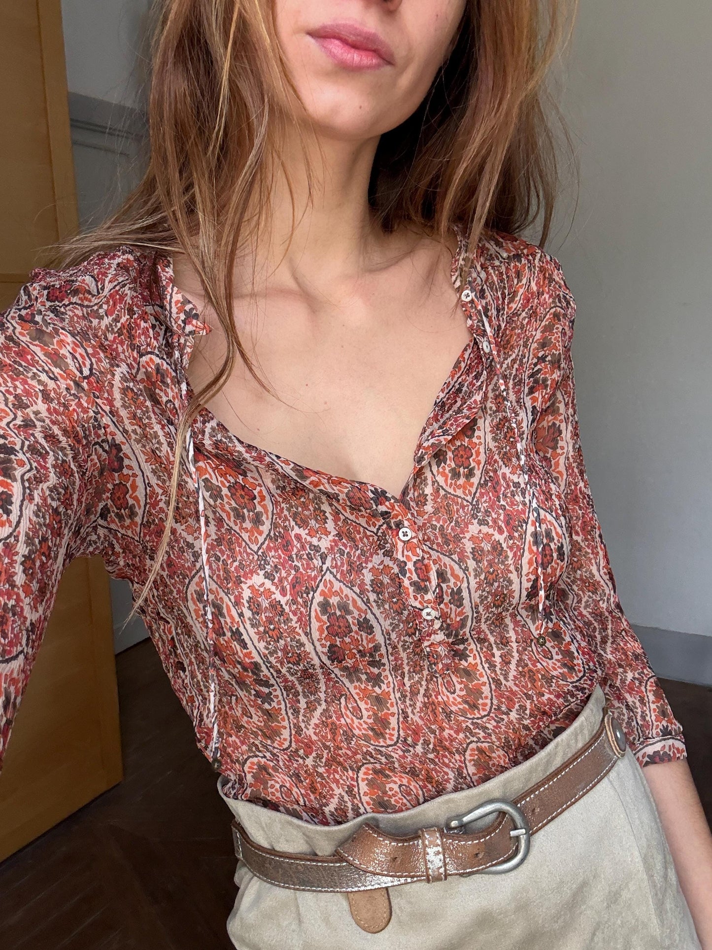 Foral sheer warm orange woman blouse, Sexy see through formal paisley print button up shirt by Massimo Dutti, Elegant camisole,