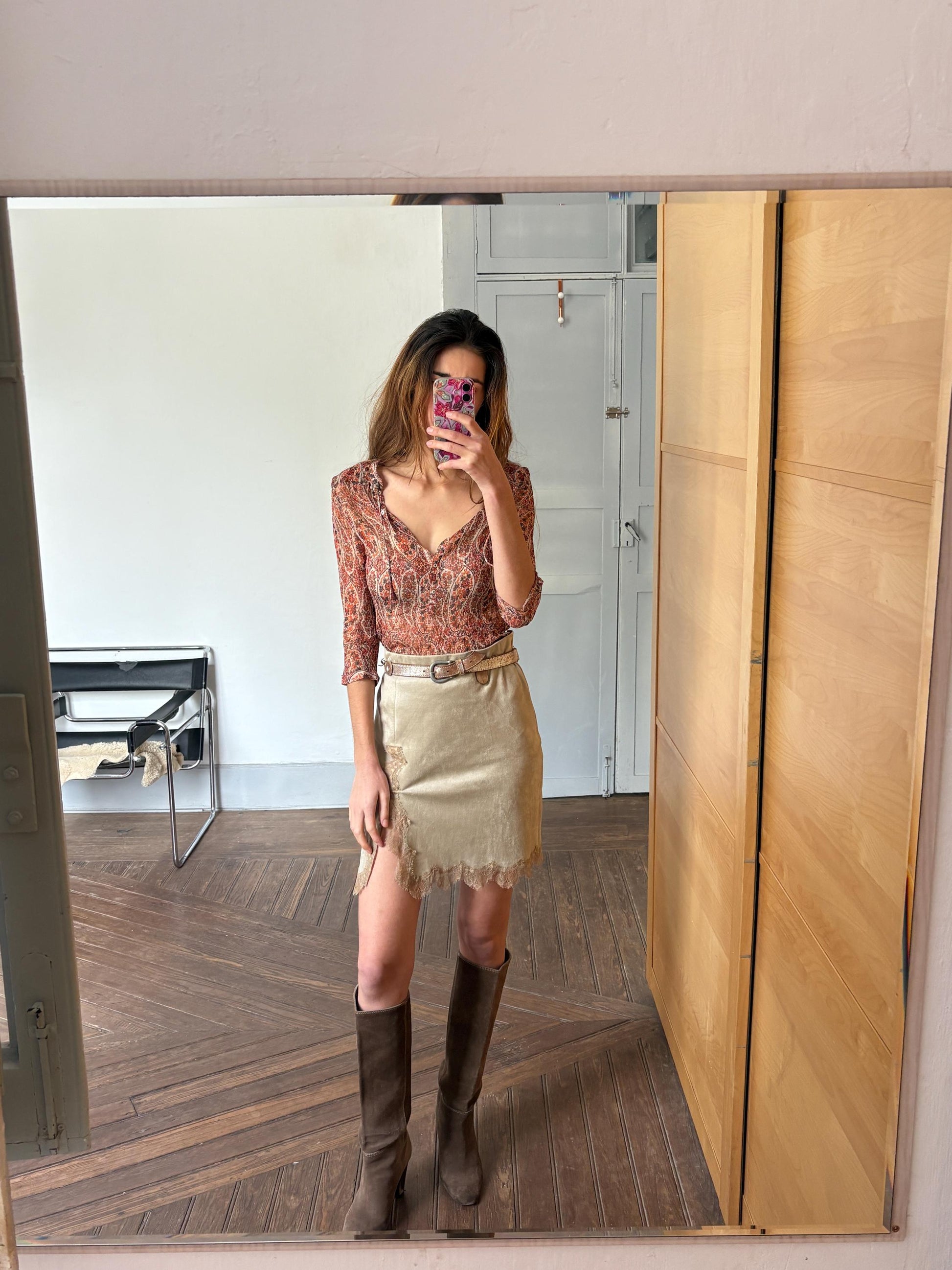 Foral sheer warm orange woman blouse, Sexy see through formal paisley print button up shirt by Massimo Dutti, Elegant camisole,