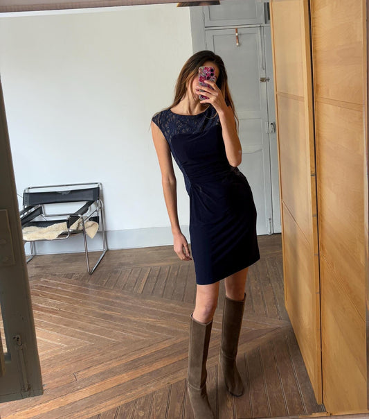 Vintage Lace Lauren Ralph Lauren blue midi dress, Elegant navy blue Designer hourglass dress, Formal event evening summer dress, S