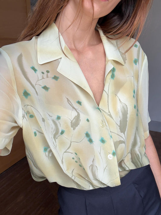 Sheer Vintage Watercolor Floral Blouse – Fits S to XL