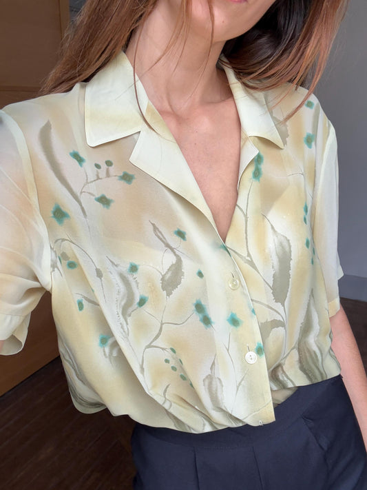 Sheer Vintage Watercolor Floral Blouse – Fits S to XL