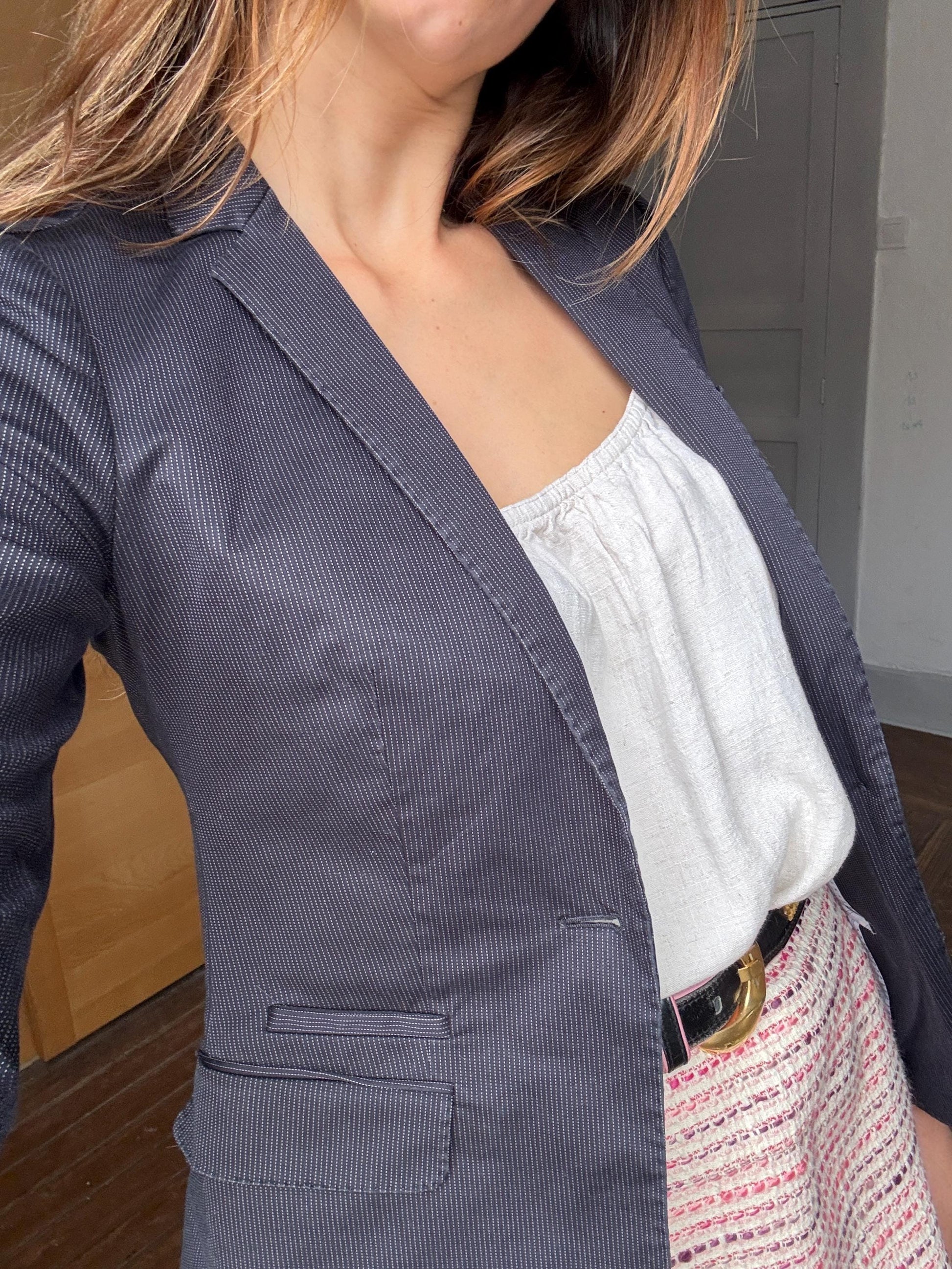 Vintage Massimo Dutti pinstripe blazer, Luxury dark blue Americana, Formal Dark academia autumn jacket, XS