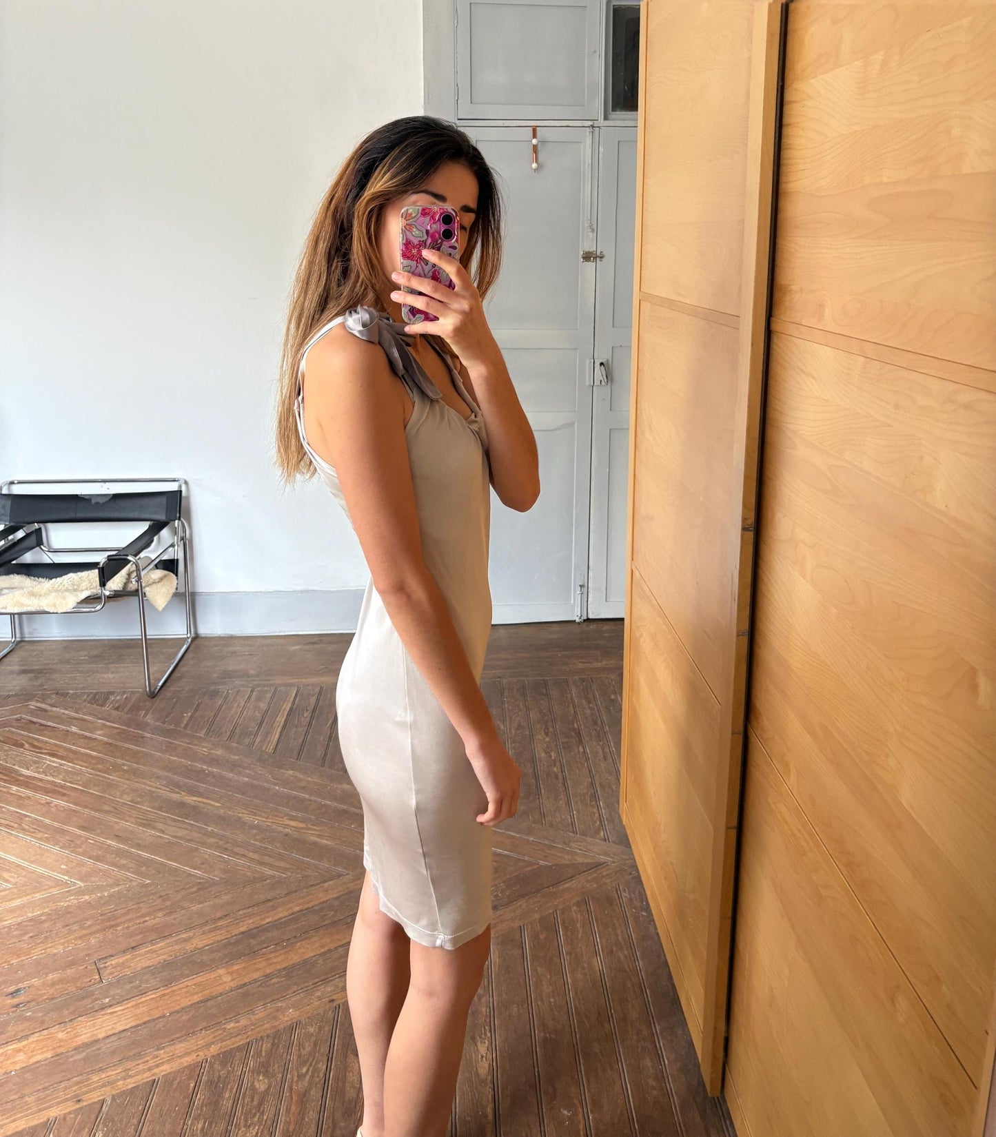 Vintage Silk silver Maje Paris midi dress, Formal brunch outfit, Luxury French designer dress, M