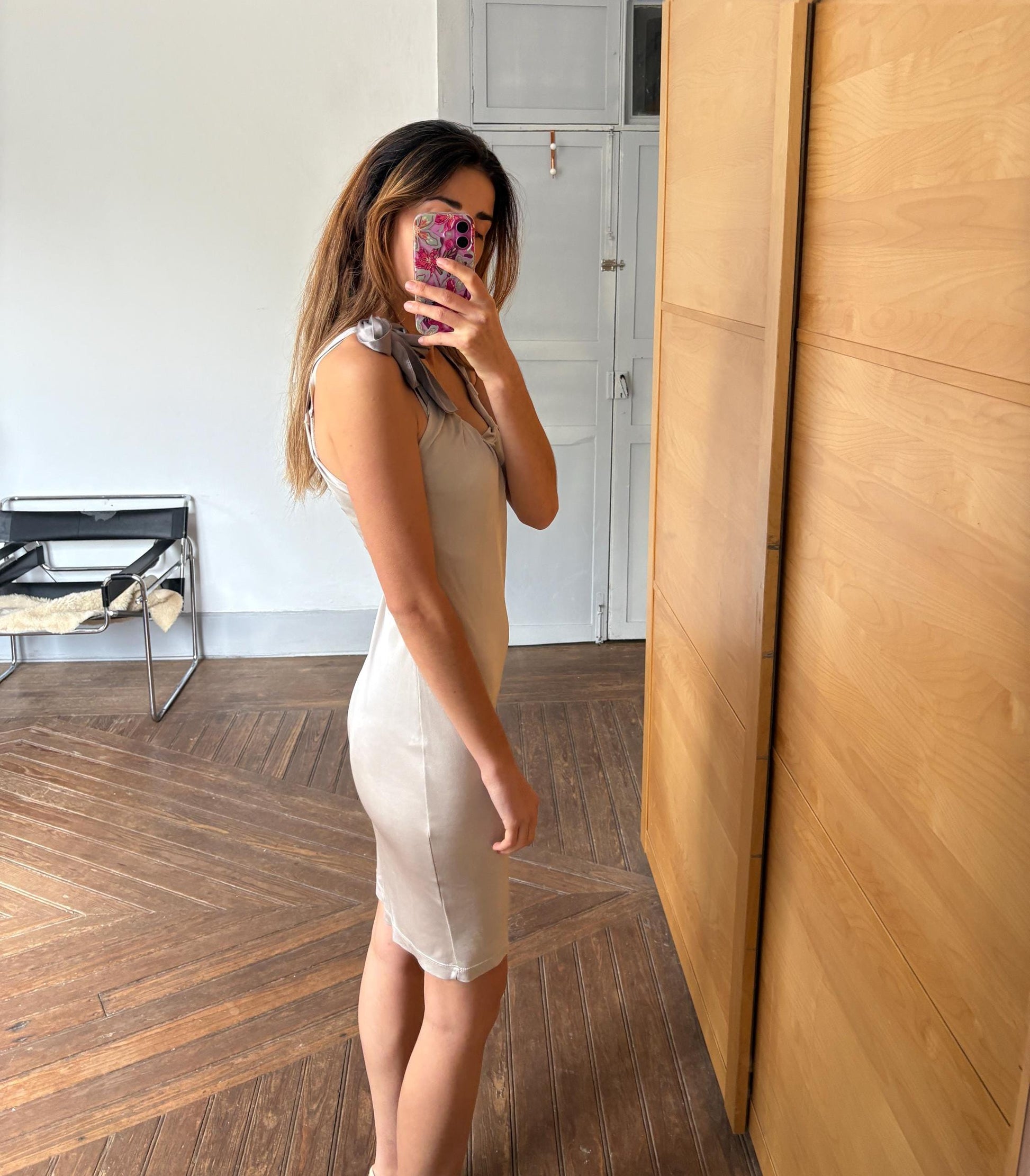 Vintage Silk silver Maje Paris midi dress, Formal brunch outfit, Luxury French designer dress, M