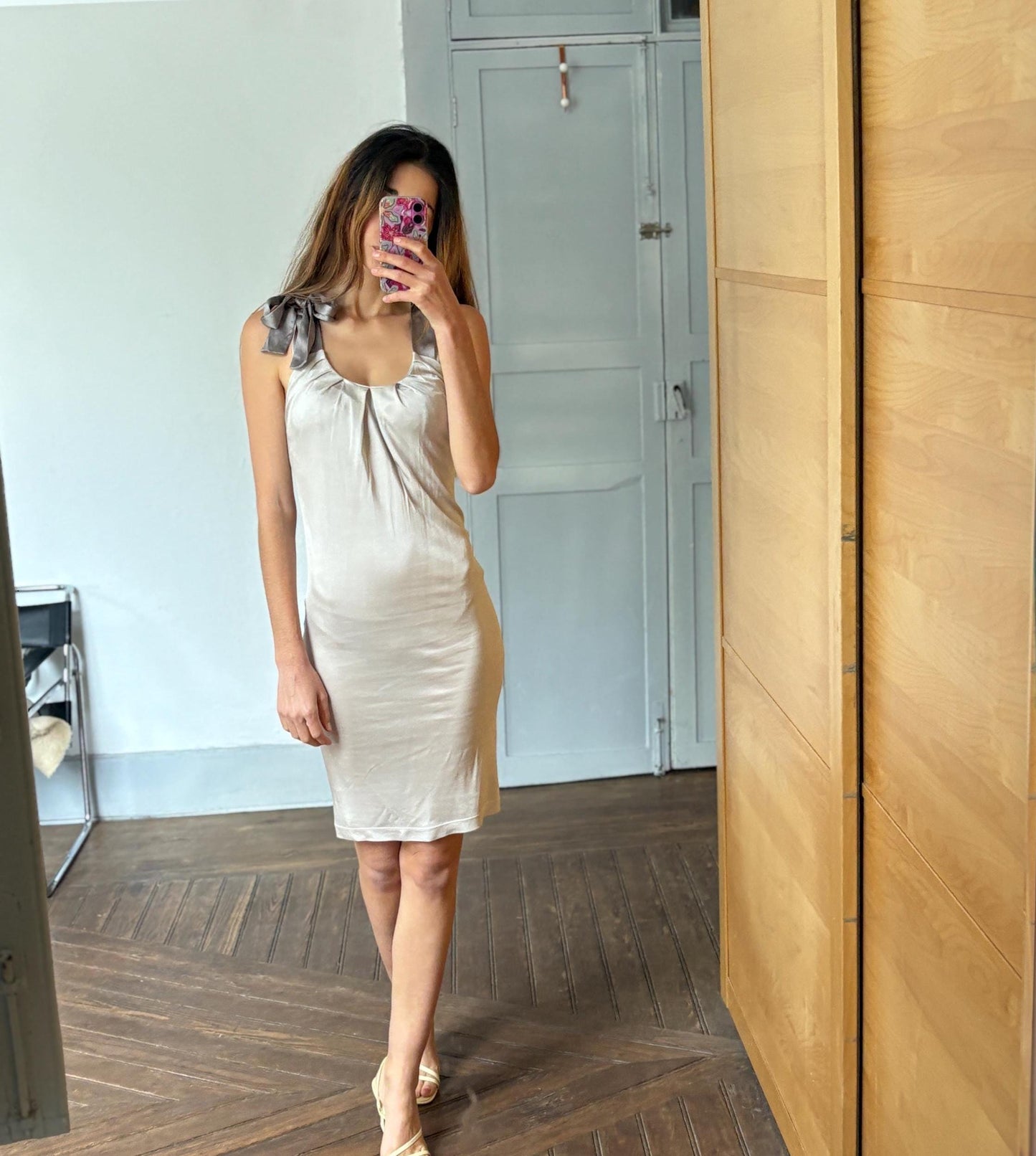 Vintage Silk silver Maje Paris midi dress, Formal brunch outfit, Luxury French designer dress, M