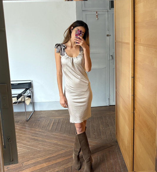 Vintage Silk silver Maje Paris midi dress, Formal brunch outfit, Luxury French designer dress, M