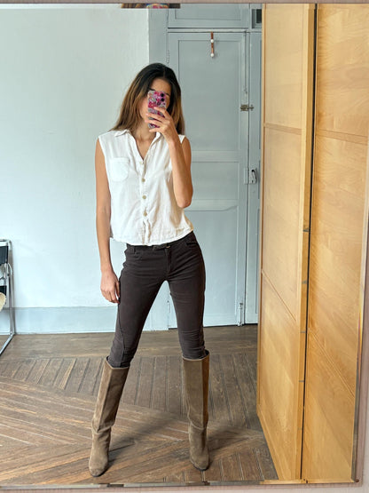 Vintage Henry Cottons Dark Brown Capri Trousers — fabric close-up